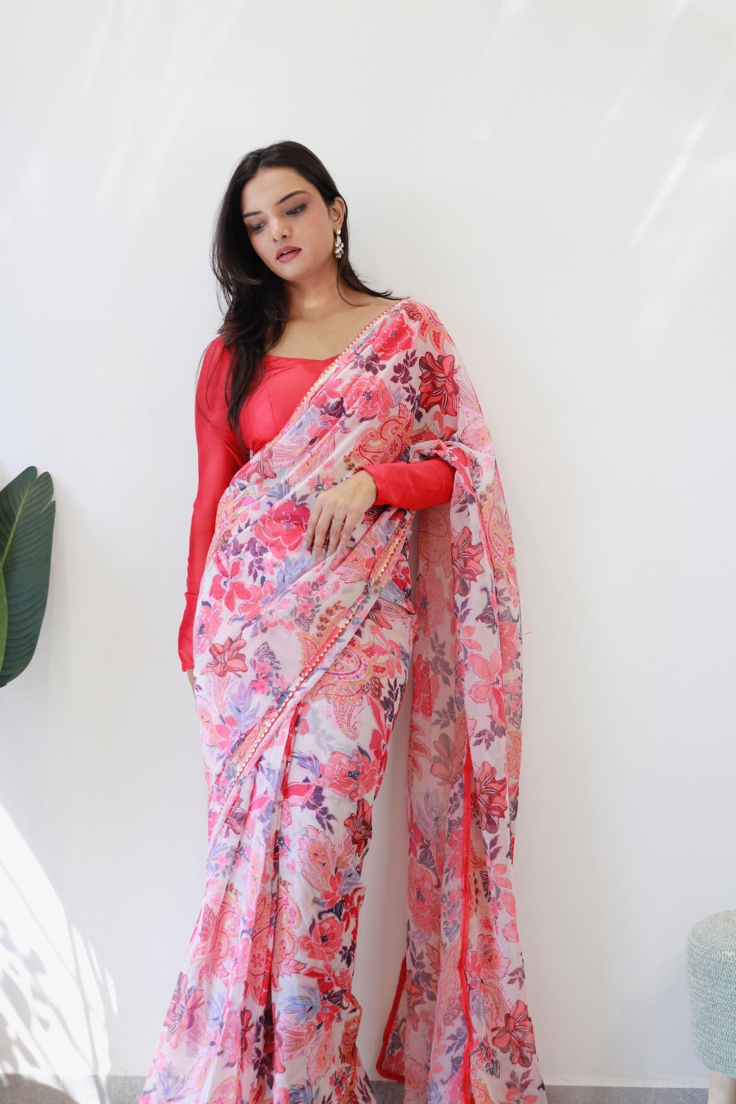 1 Minute Ready to Wear Orange Mango Fox Georgette Floral Saree