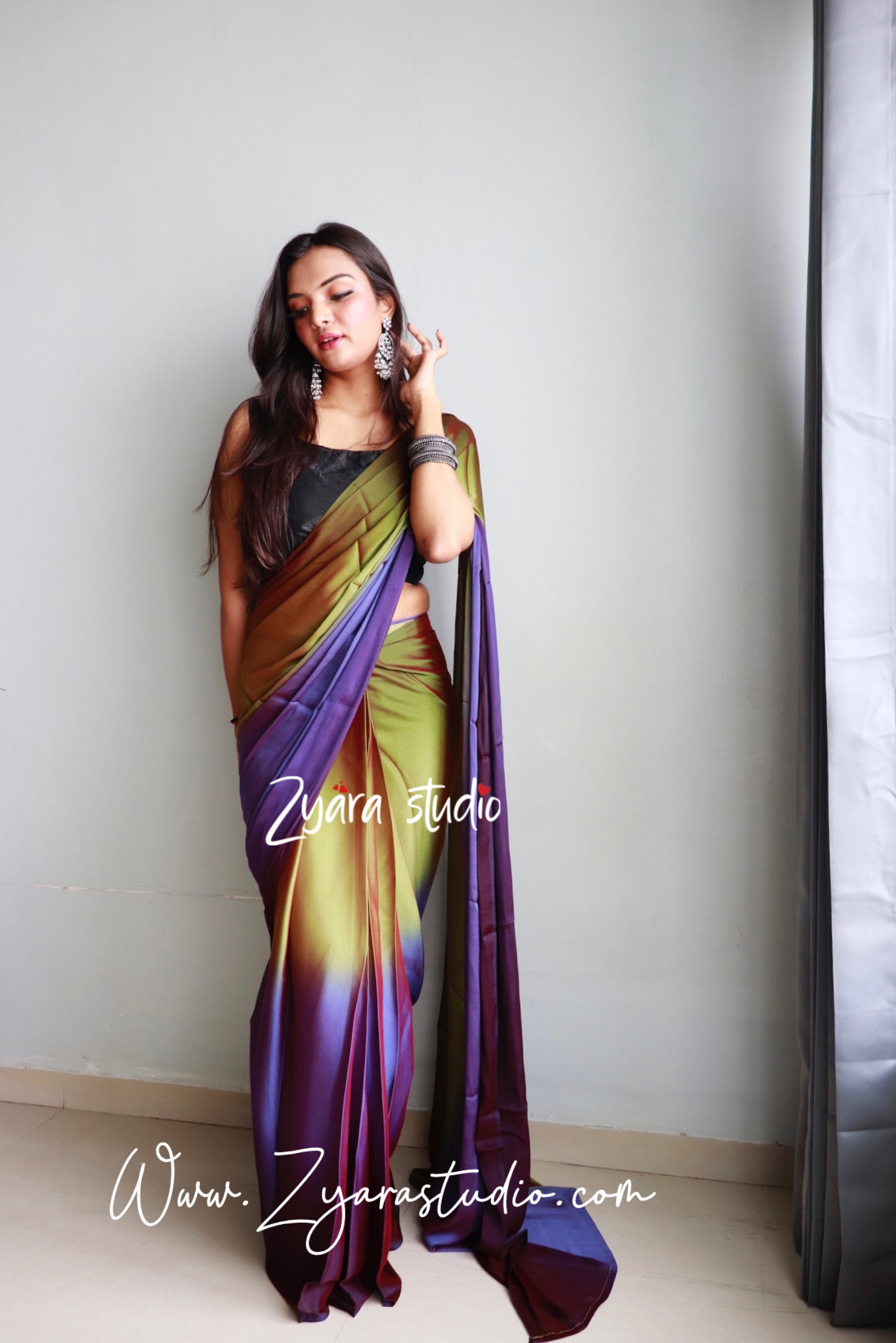 1-Min Ready to Wear Soft Nylon 3D Padding Saree with Unstitched Blouse - Avocado Pallavi