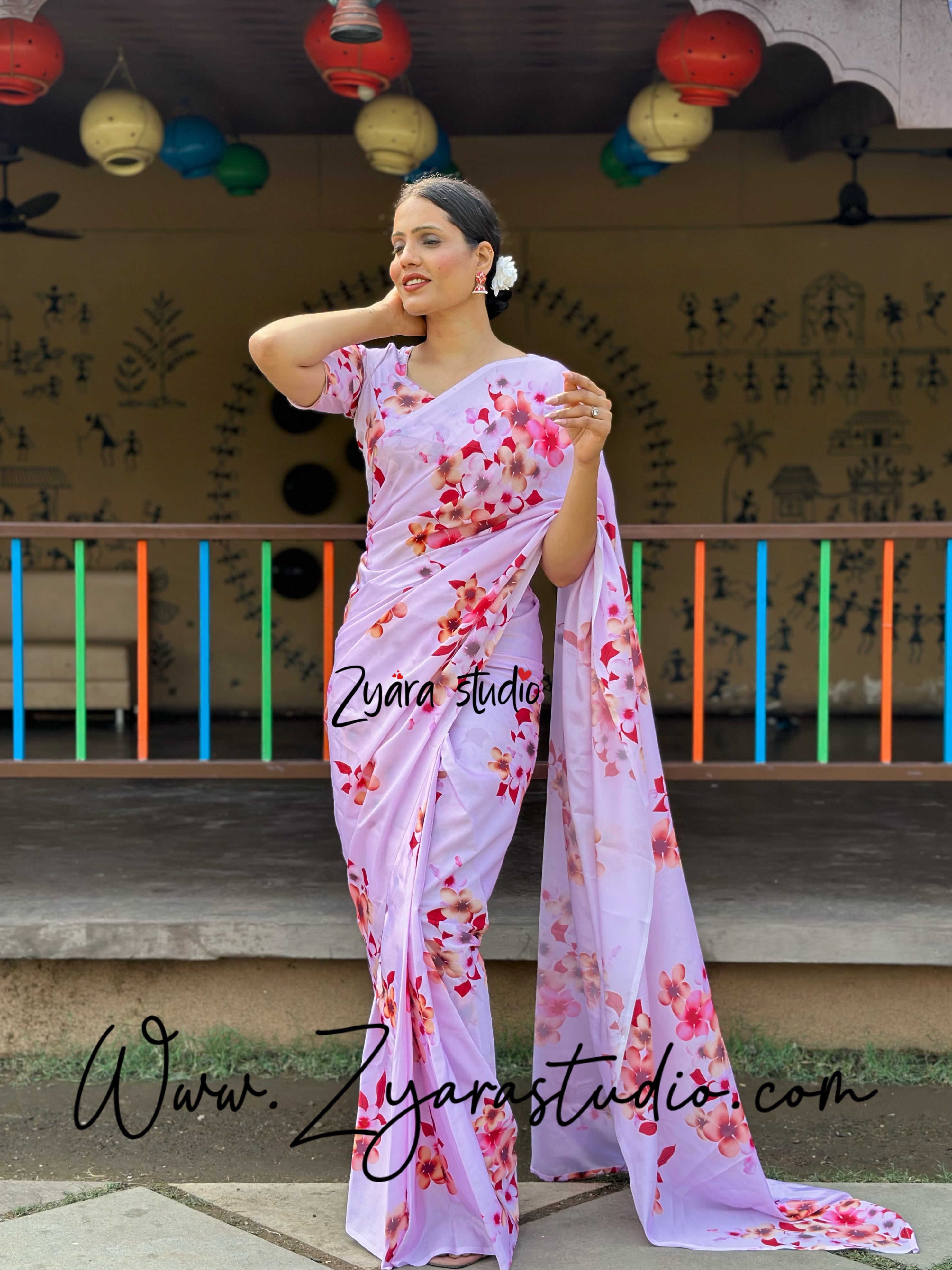 1-min ready to wear floral digital print saree with unstitch blouse Mogra pink