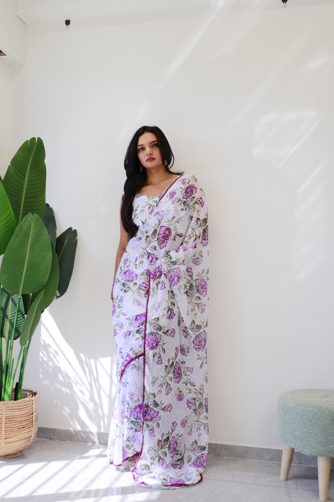 1-Min Ready to Wear 1000 Buti Floral Digital Print Saree with Unstitched Blouse - Purple Rose