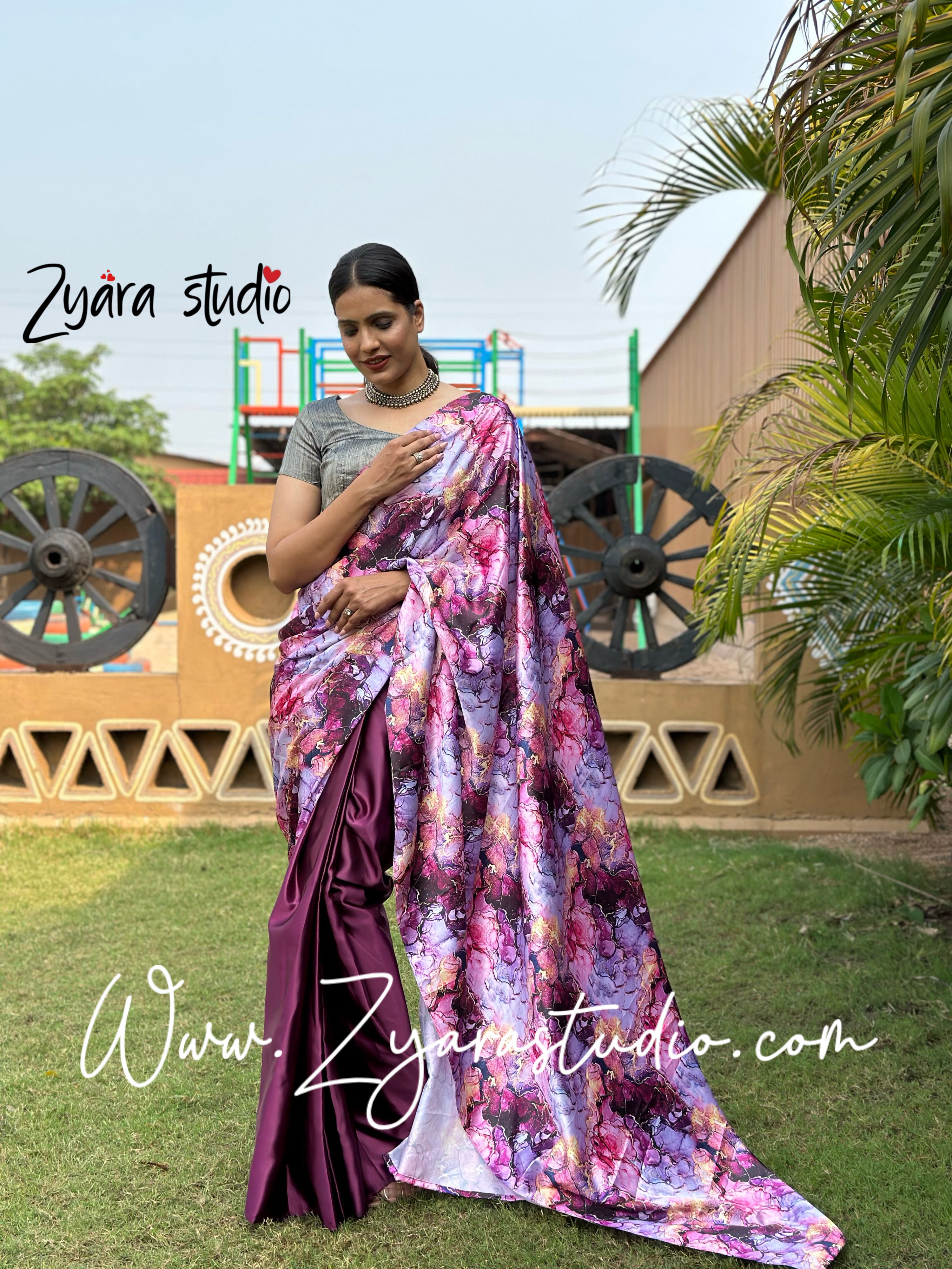 1-min ready to wear satin half-half digital print saree with unstitch blouse. Italian Wine