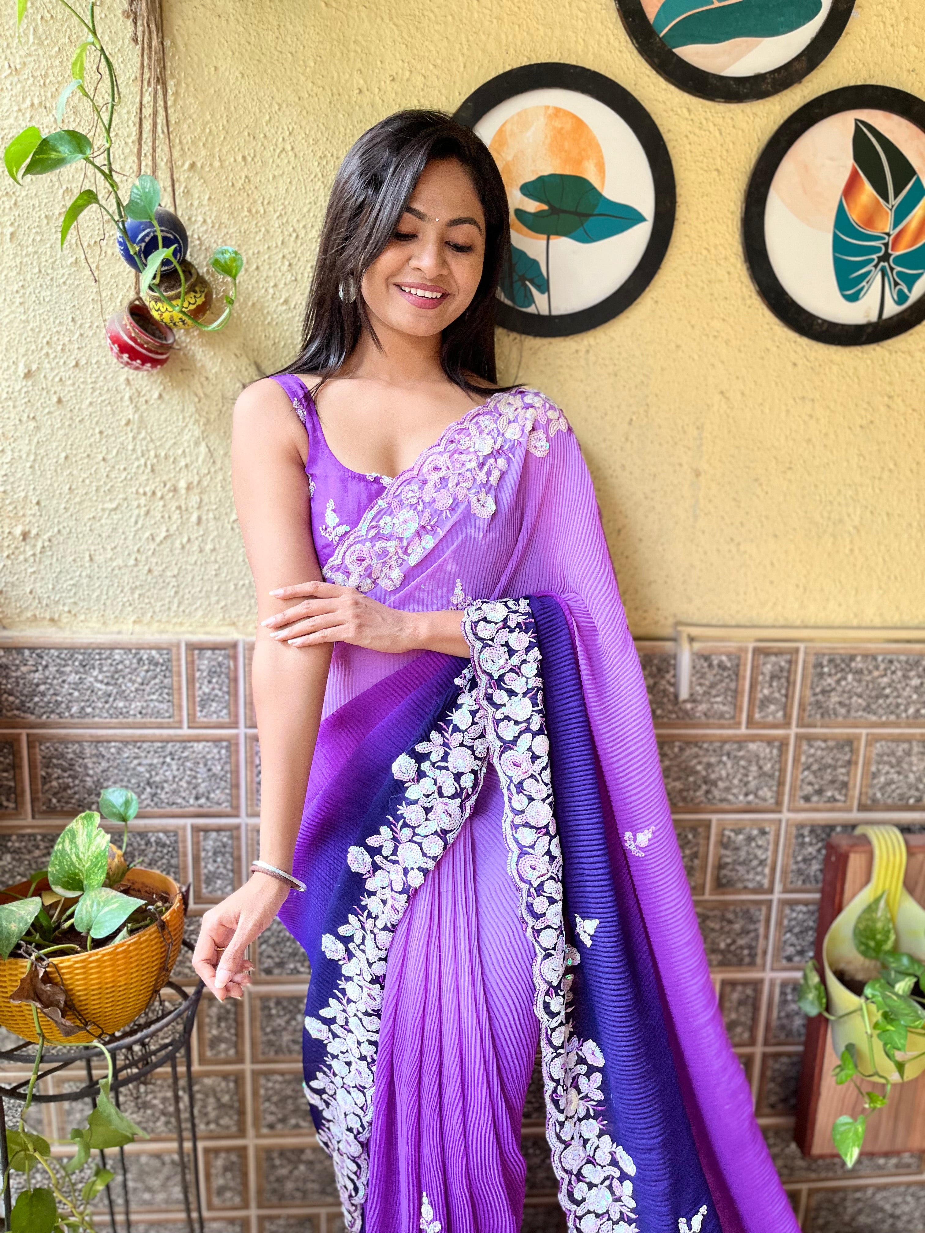 Purple Crush - Most Beautiful Saree in Georgette with Crush Pattern Fabric & Sequence Embroidery Work Saree