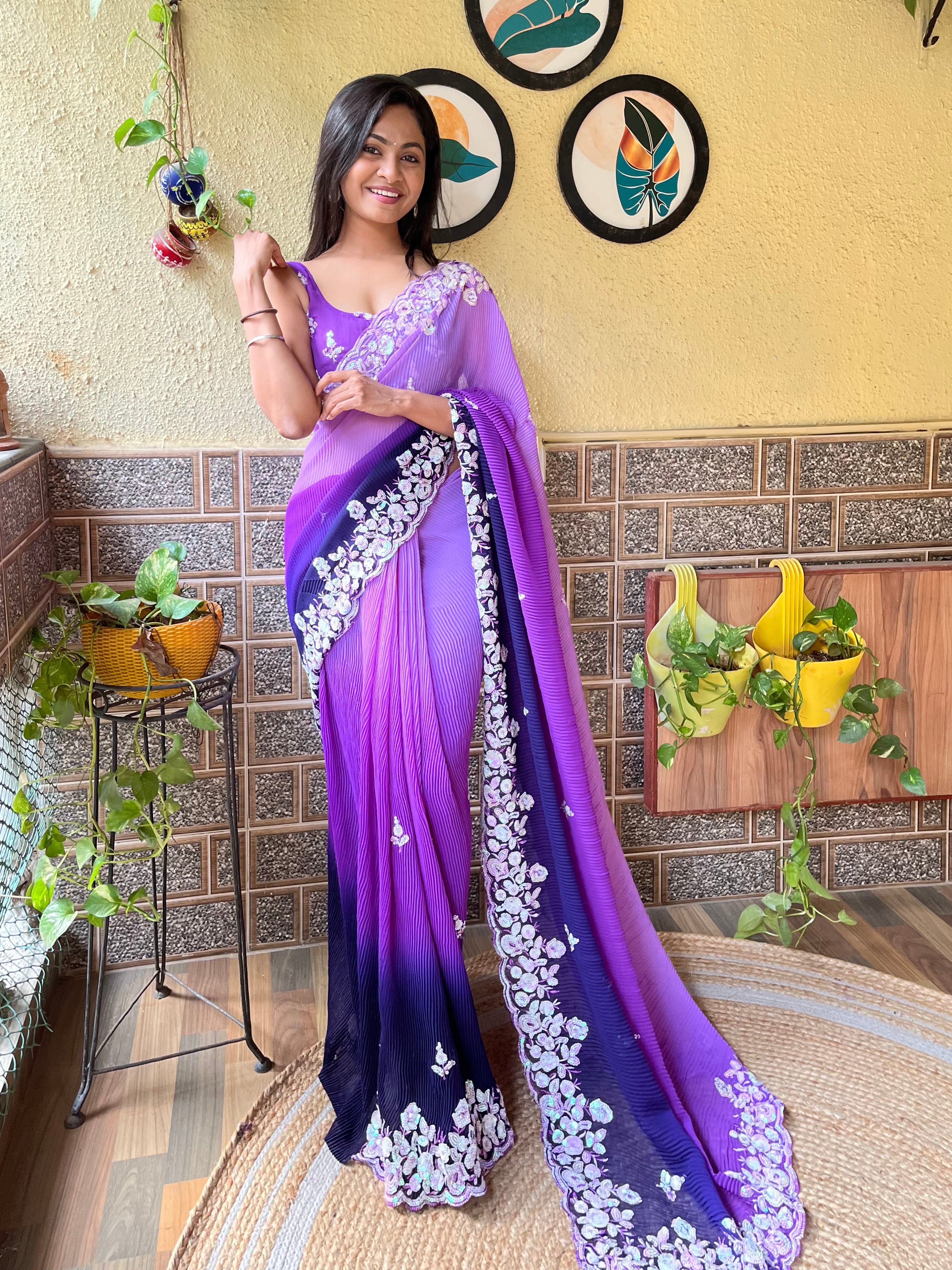 Purple Crush - Most Beautiful Saree in Georgette with Crush Pattern Fabric & Sequence Embroidery Work Saree