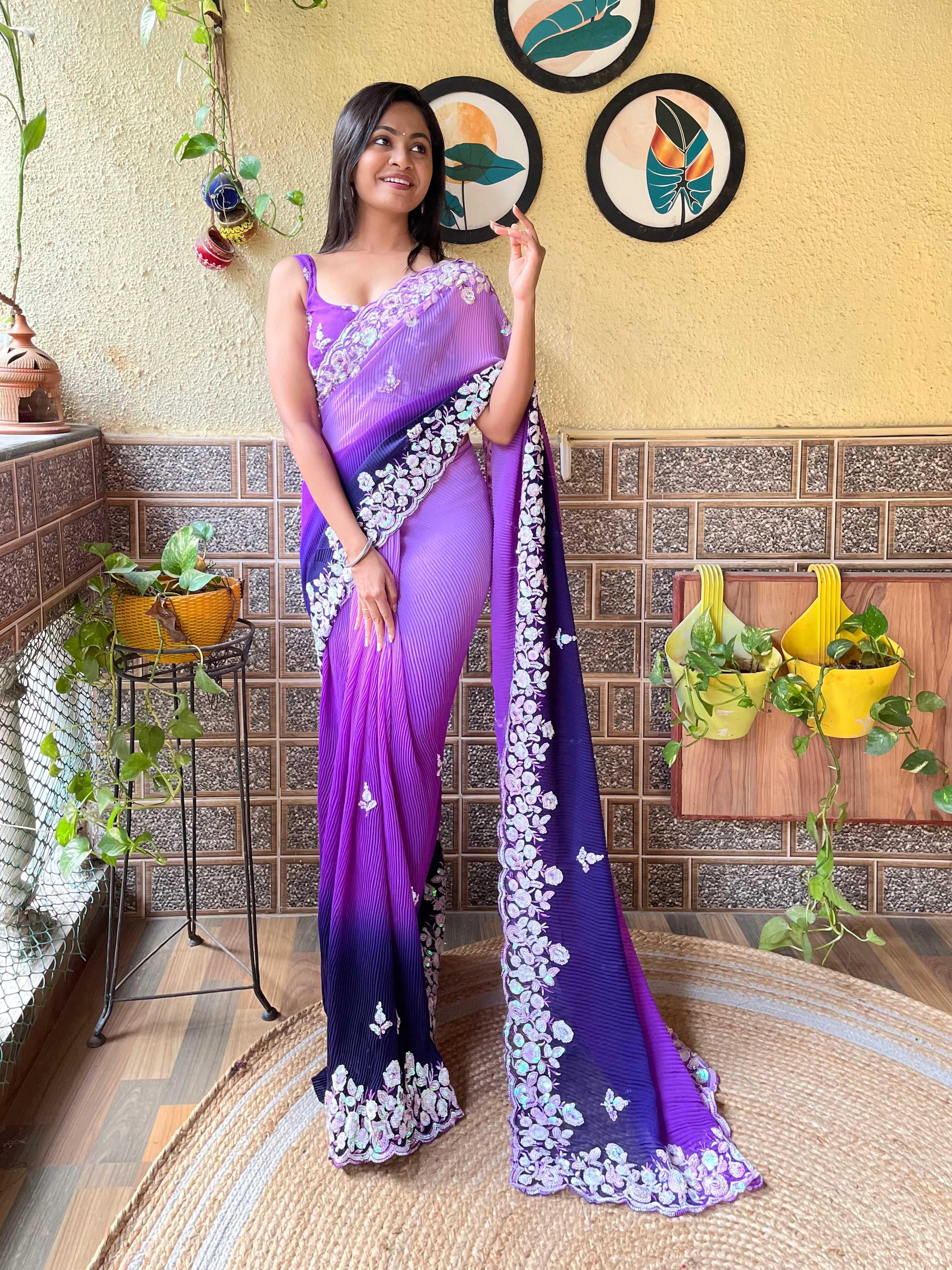 Purple Crush - Most Beautiful Saree in Georgette with Crush Pattern Fabric & Sequence Embroidery Work Saree