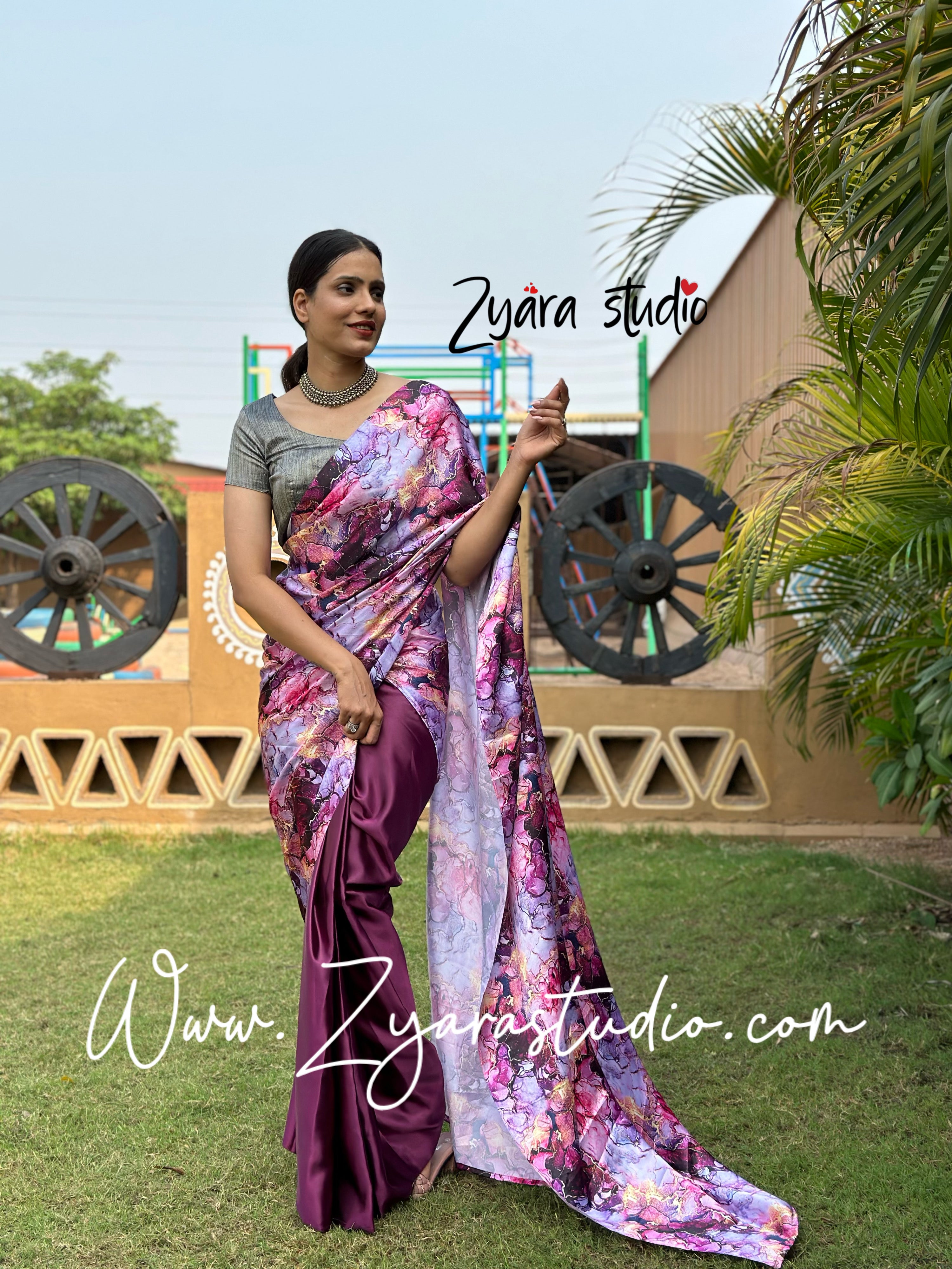 1-min ready to wear satin half-half digital print saree with unstitch blouse. Italian Wine