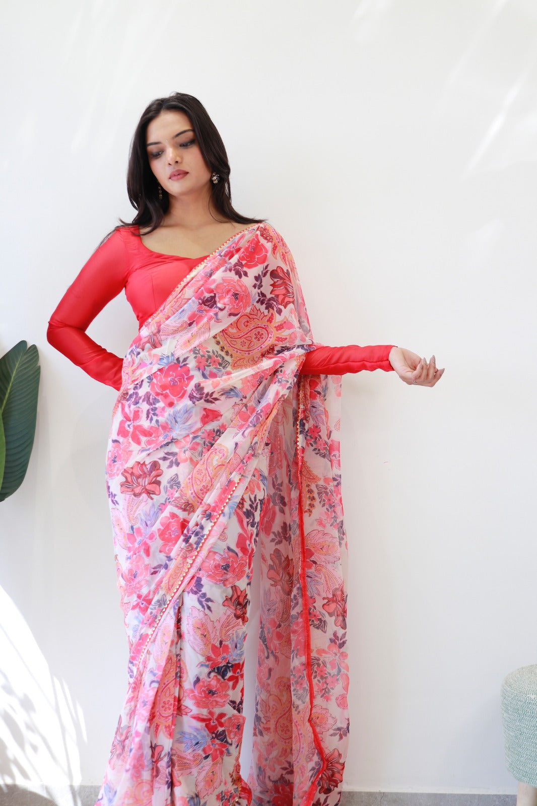 1 Minute Ready to Wear Orange Mango Fox Georgette Floral Saree