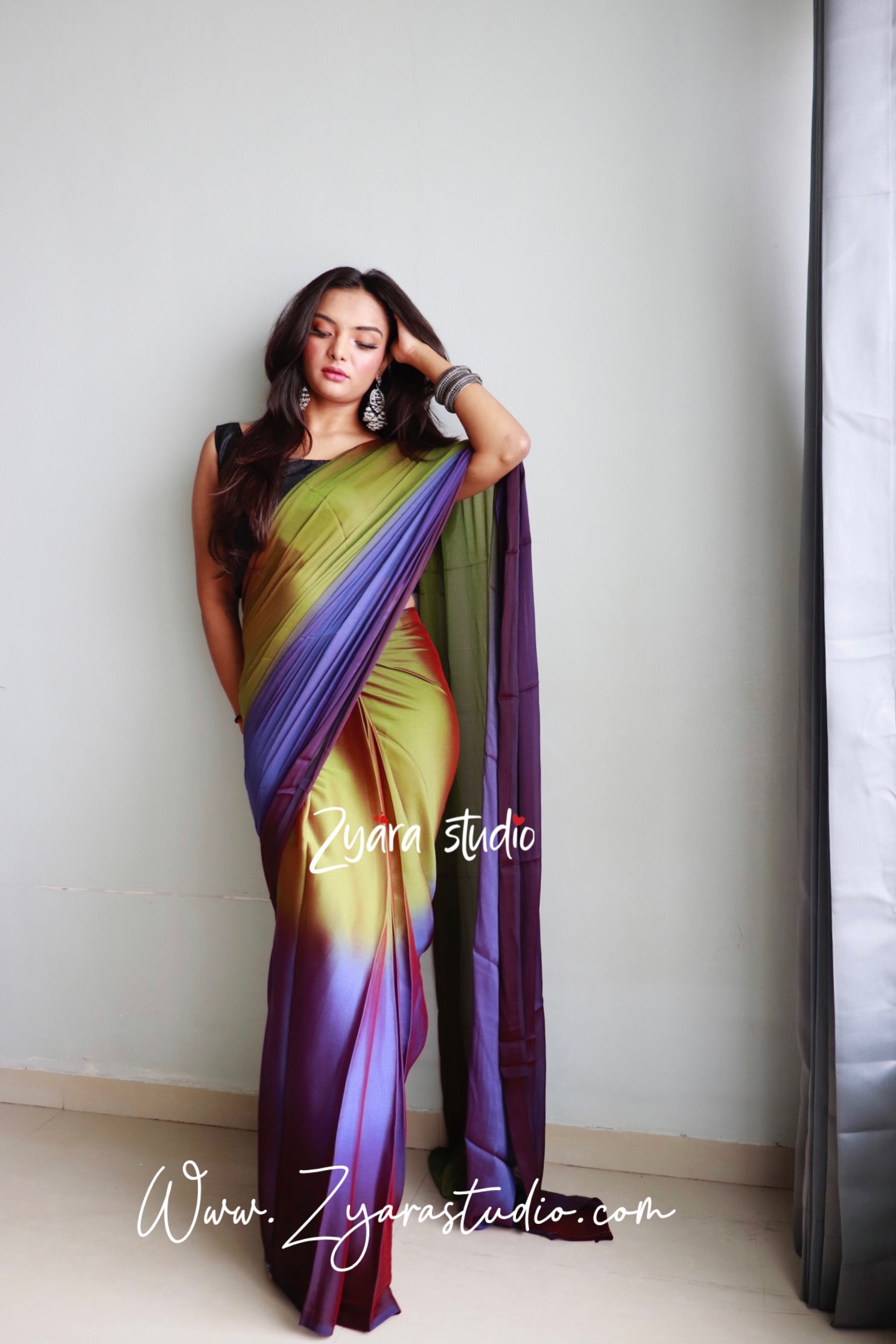 1-Min Ready to Wear Soft Nylon 3D Padding Saree with Unstitched Blouse - Avocado Pallavi