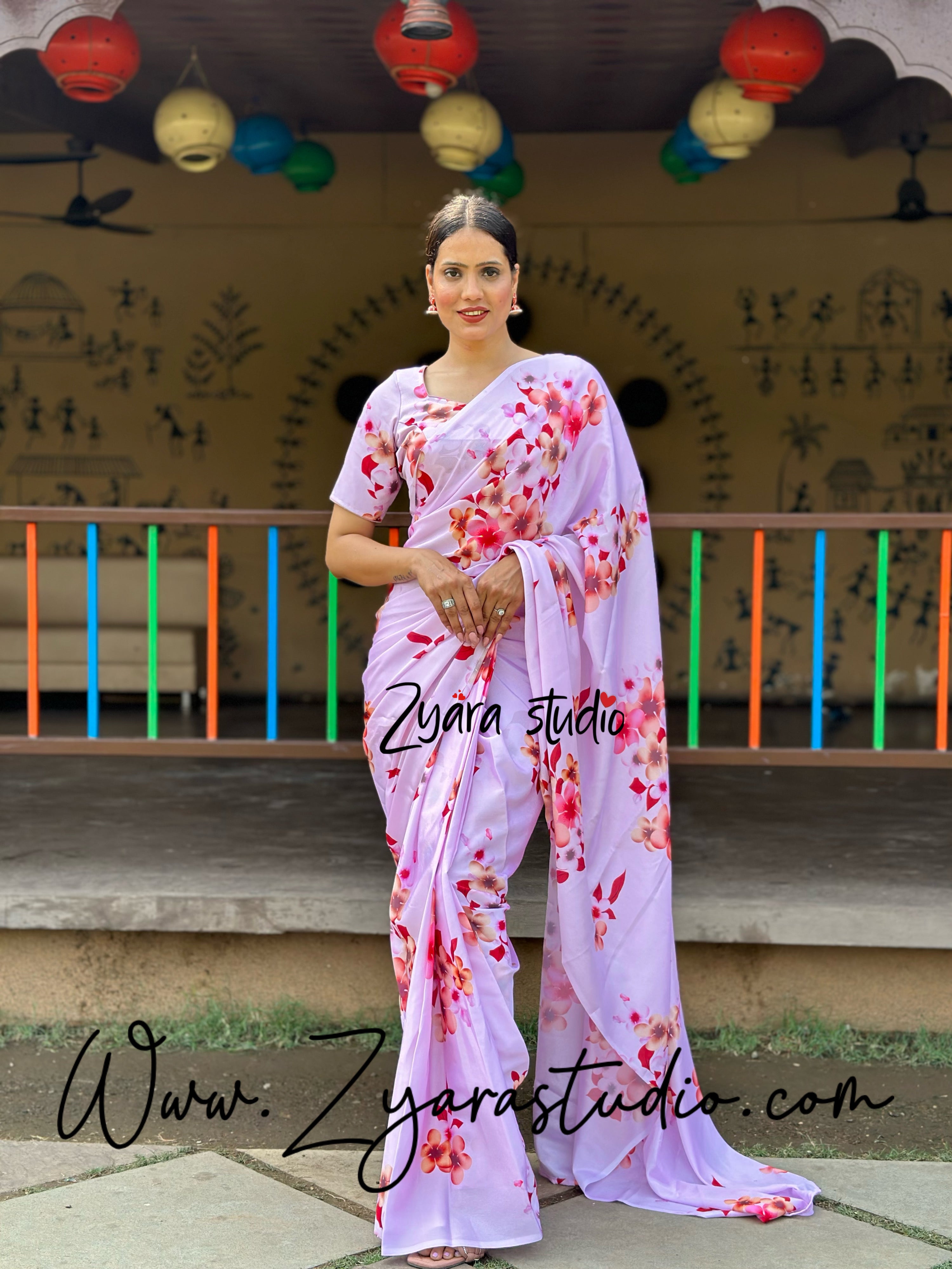 1-min ready to wear floral digital print saree with unstitch blouse Mogra pink