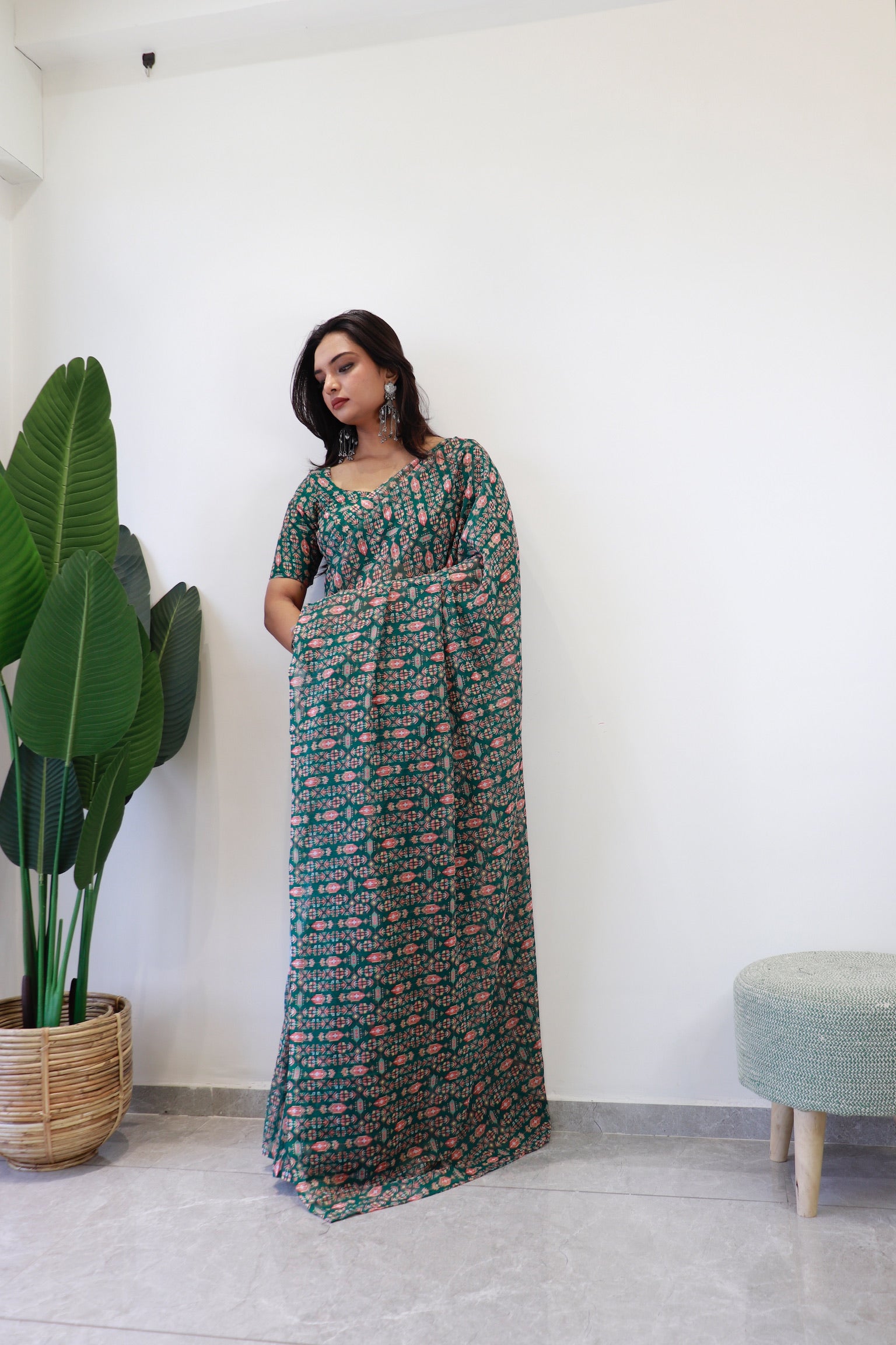 1 Minute Ready to Wear Mina Green Fox Georgette Digital Floral Saree