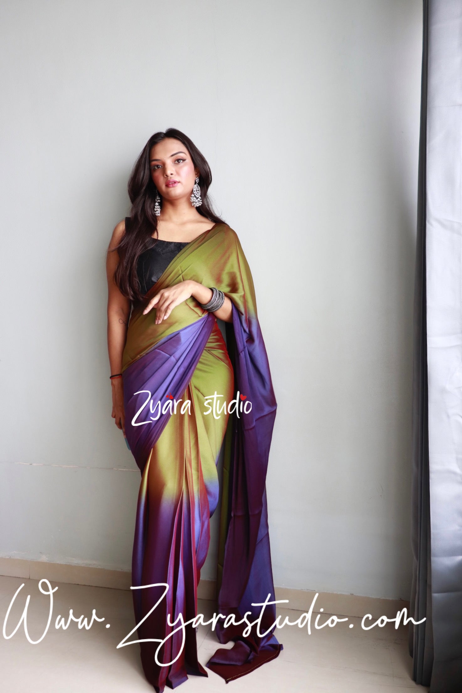 1-Min Ready to Wear Soft Nylon 3D Padding Saree with Unstitched Blouse - Avocado Pallavi