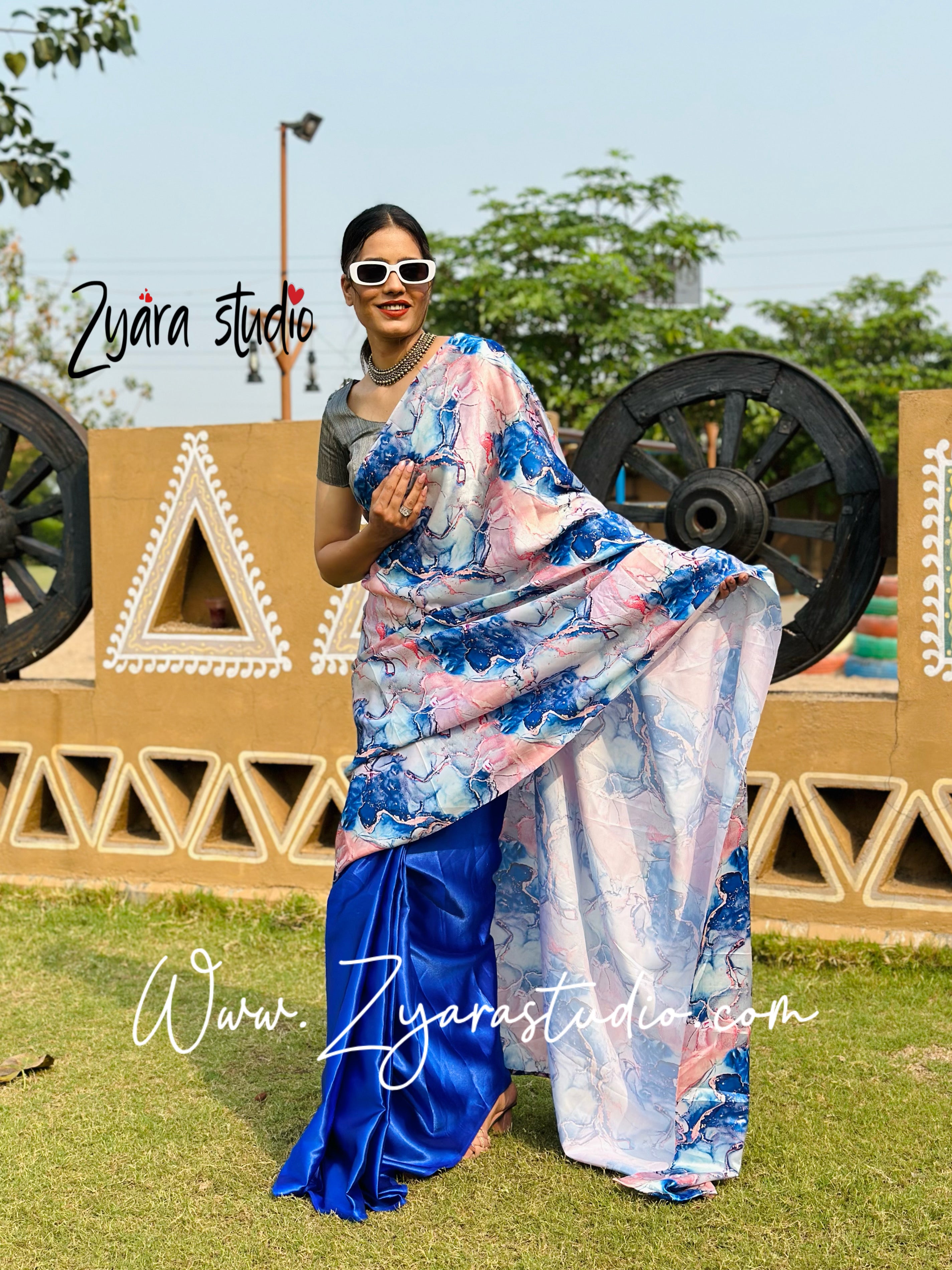 1-min ready to wear satin half-half digital print saree with unstitch blouse. Italian blue