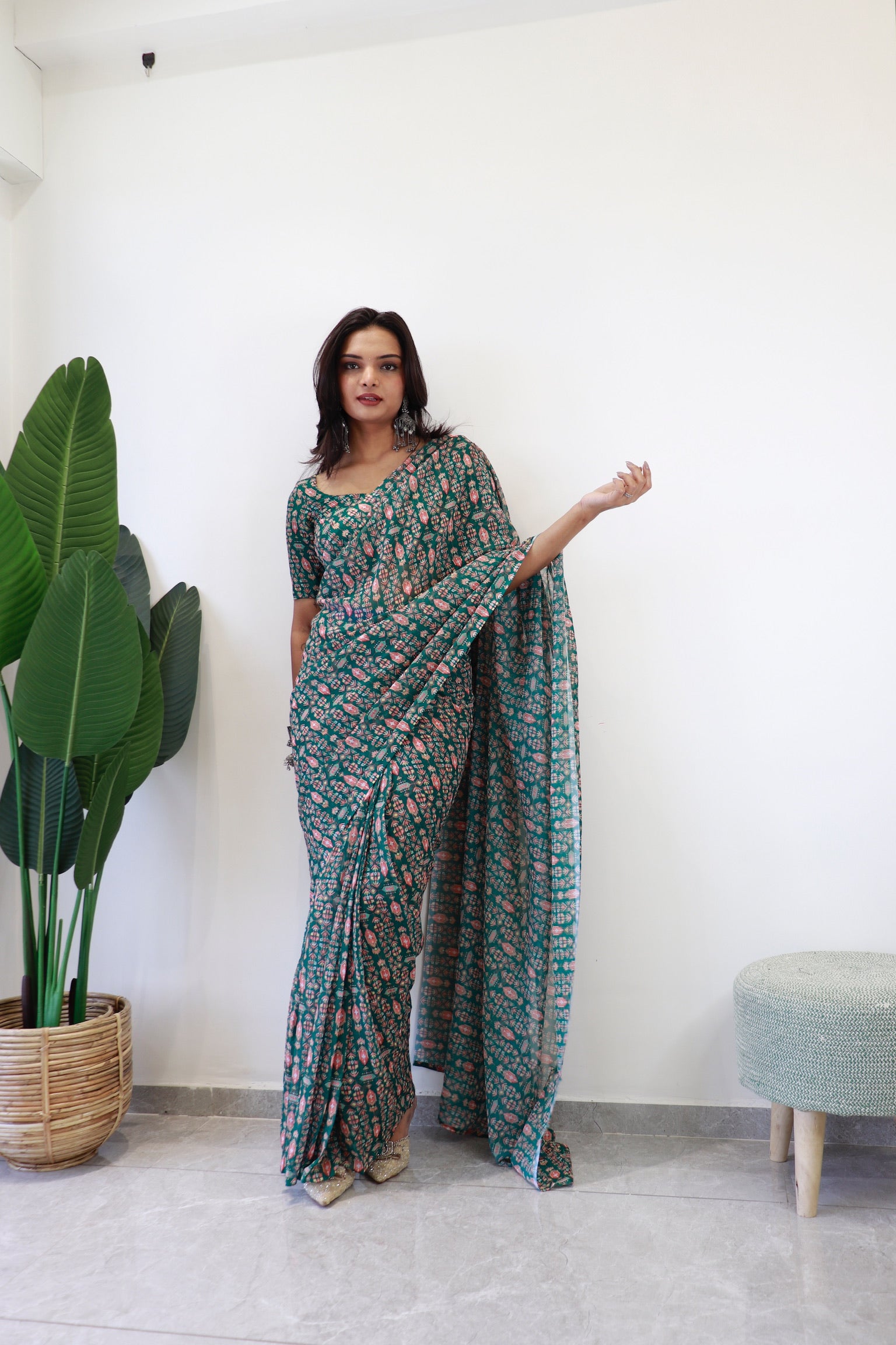 1 Minute Ready to Wear Mina Green Fox Georgette Digital Floral Saree