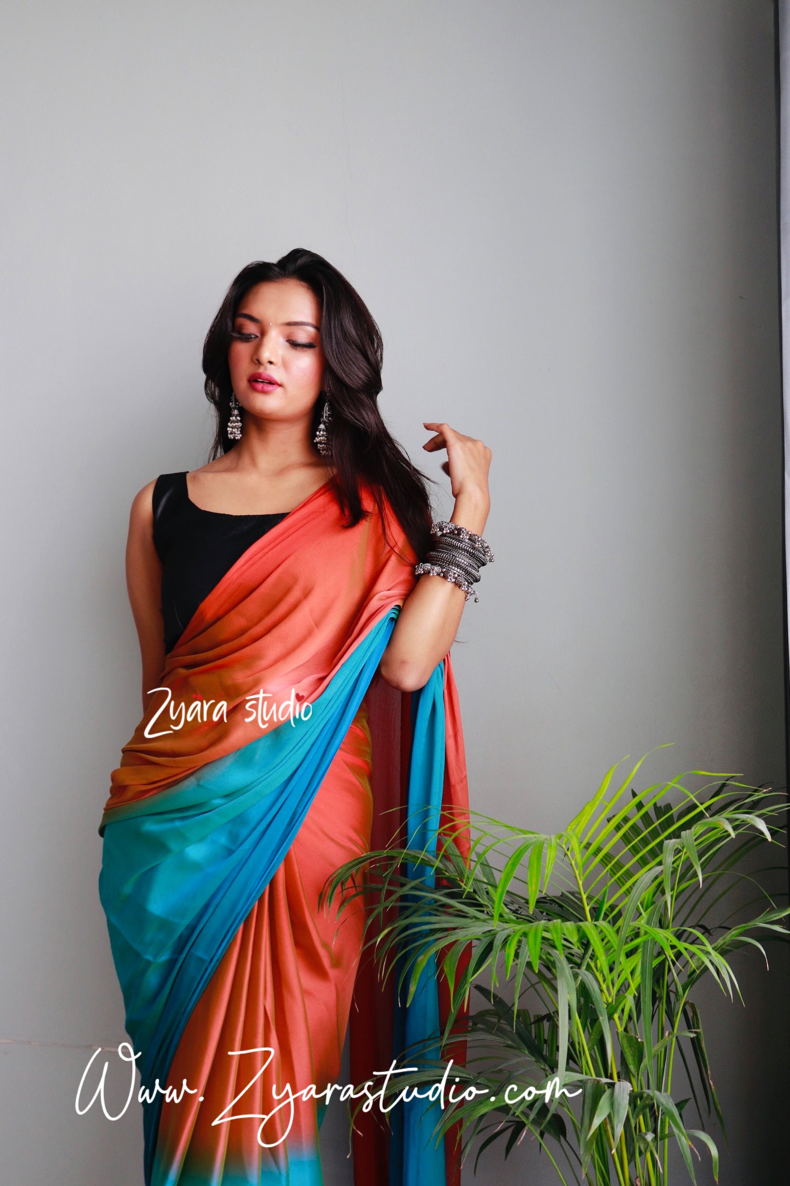 1-Min Ready to Wear Soft Nylon 3D Padding Saree with Unstitched Blouse - Sunset Pallavi