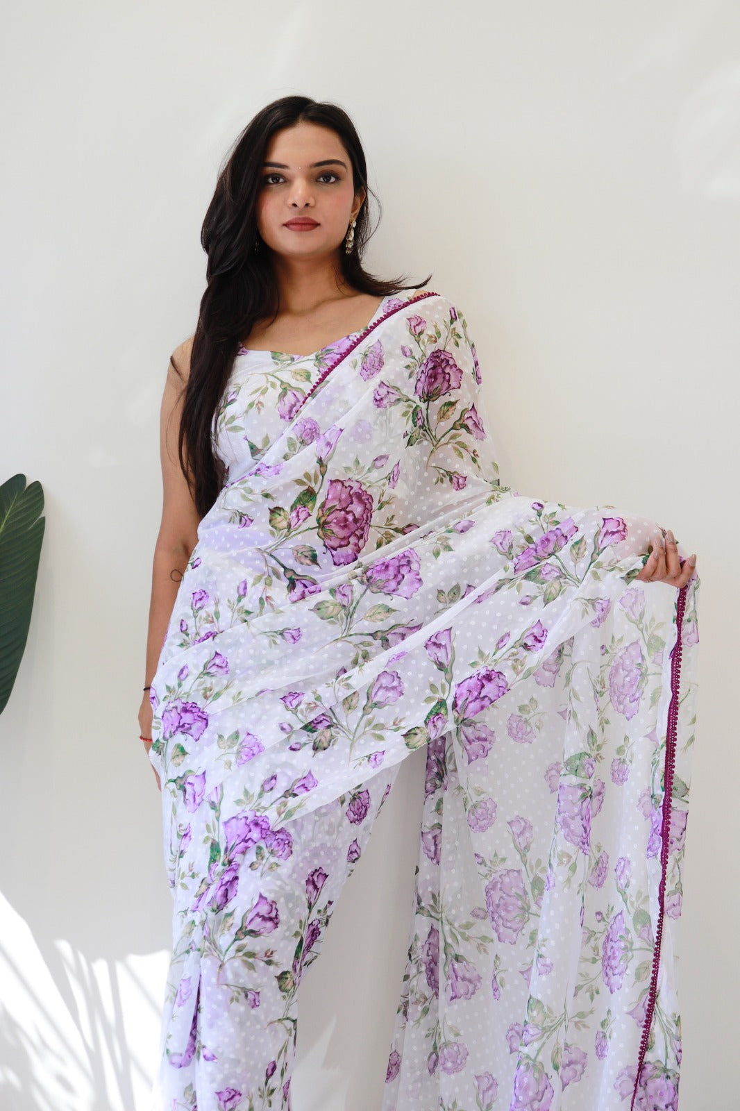 1-Min Ready to Wear 1000 Buti Floral Digital Print Saree with Unstitched Blouse - Purple Rose