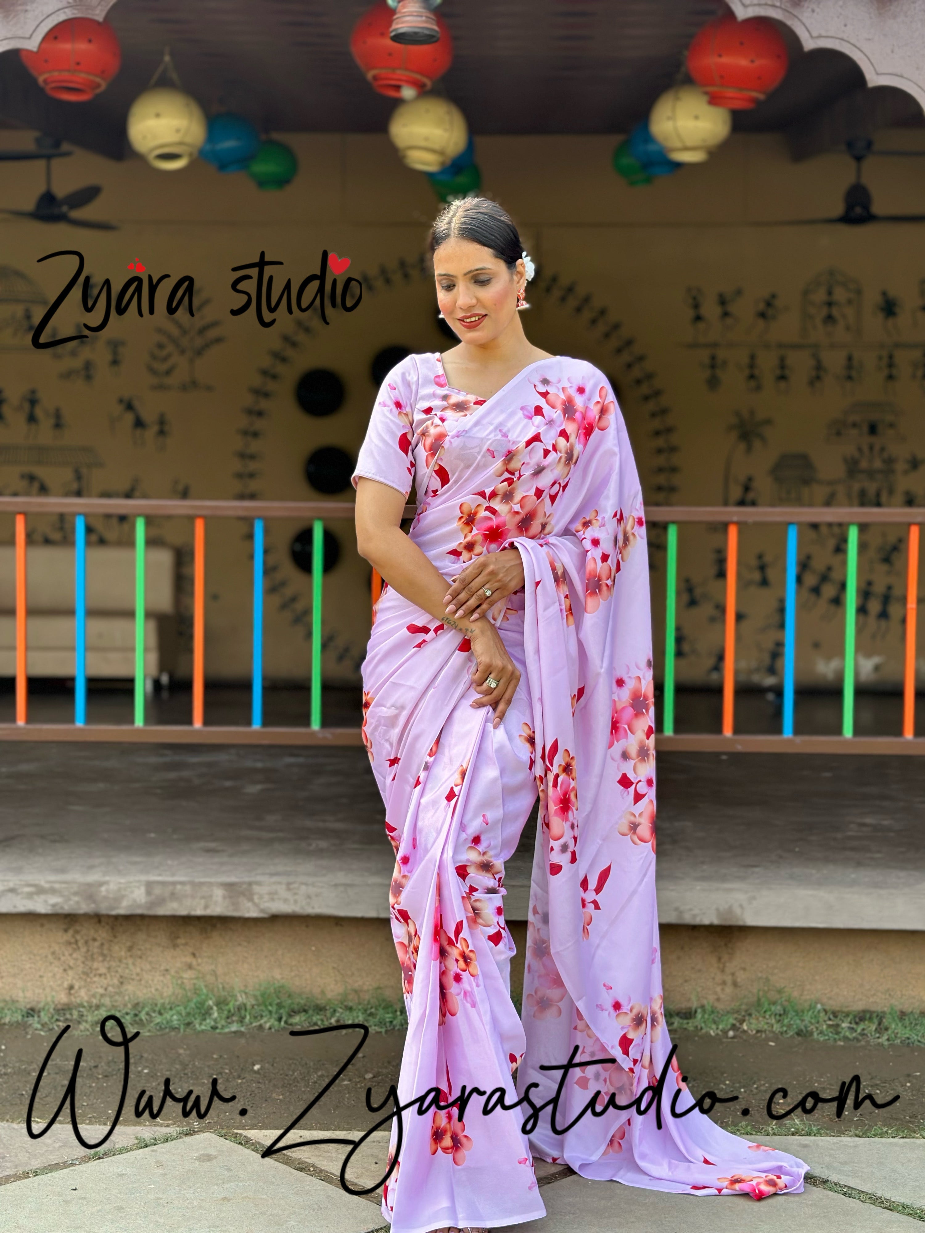 1-min ready to wear floral digital print saree with unstitch blouse Mogra pink