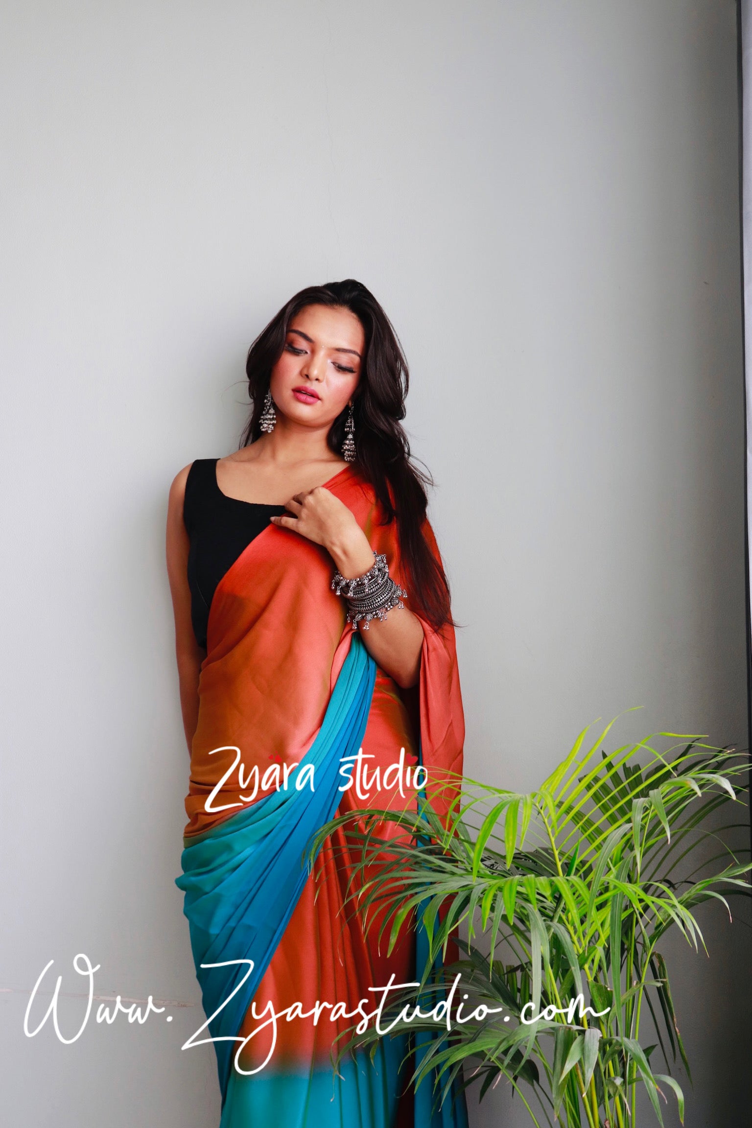 1-Min Ready to Wear Soft Nylon 3D Padding Saree with Unstitched Blouse - Sunset Pallavi