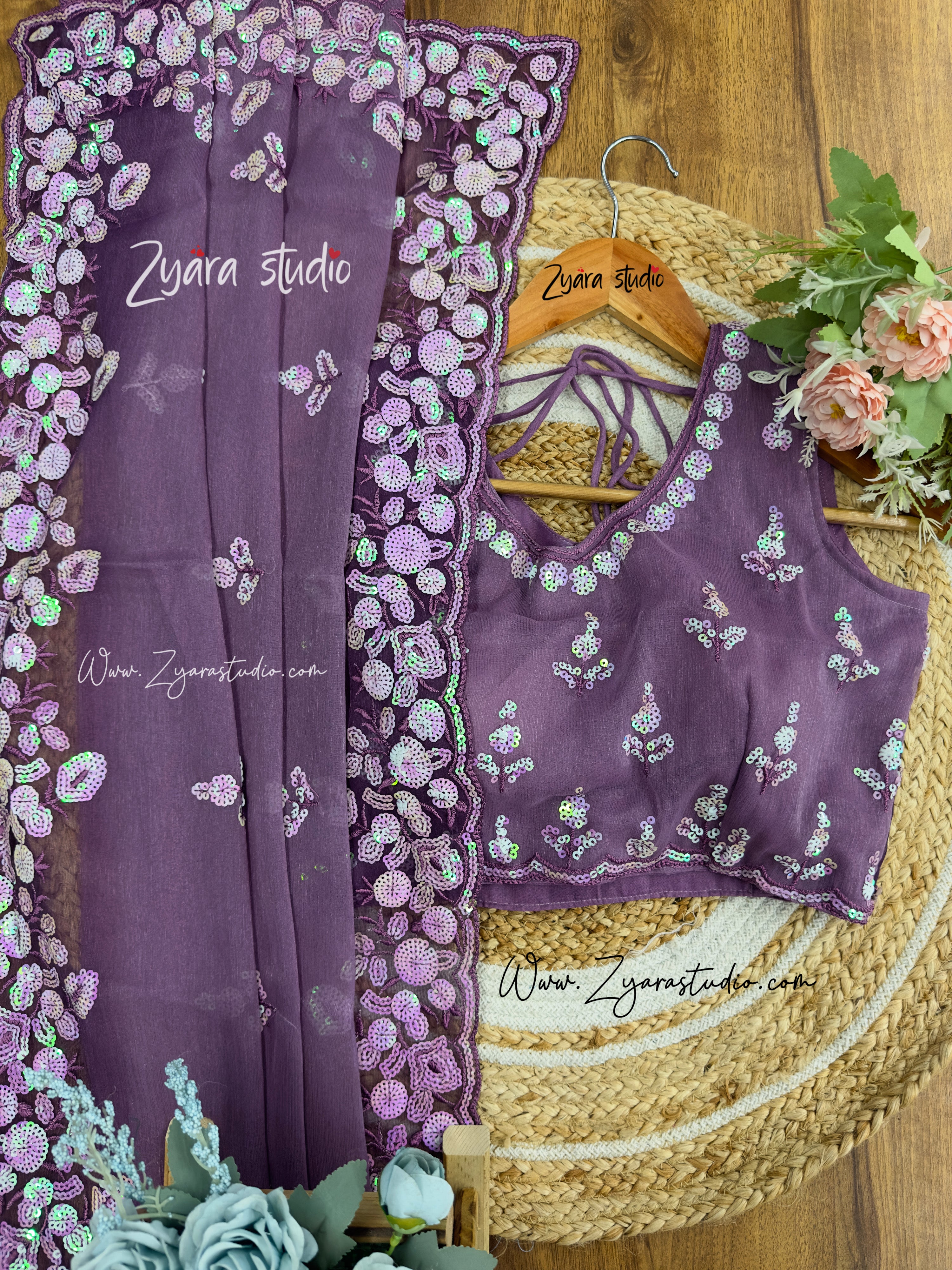 Diya Purple - Designer Shimmer Chiffon Silk Saree with Sequence Embroidery Work