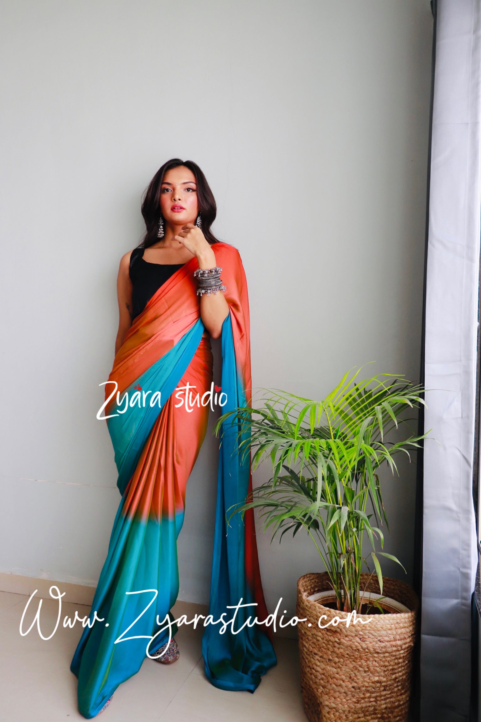 1-Min Ready to Wear Soft Nylon 3D Padding Saree with Unstitched Blouse - Sunset Pallavi