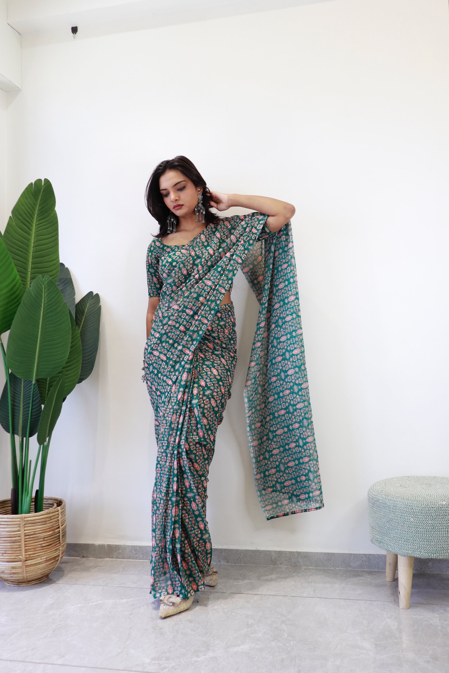 1 Minute Ready to Wear Mina Green Fox Georgette Digital Floral Saree