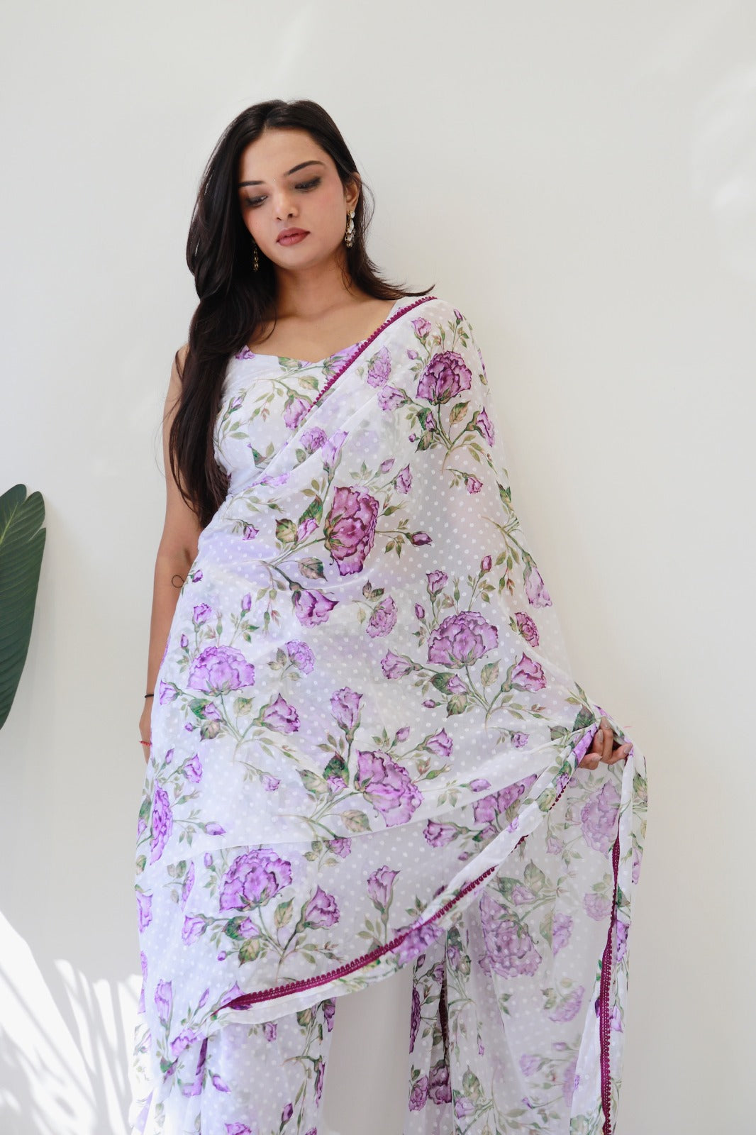 1-Min Ready to Wear 1000 Buti Floral Digital Print Saree with Unstitched Blouse - Purple Rose