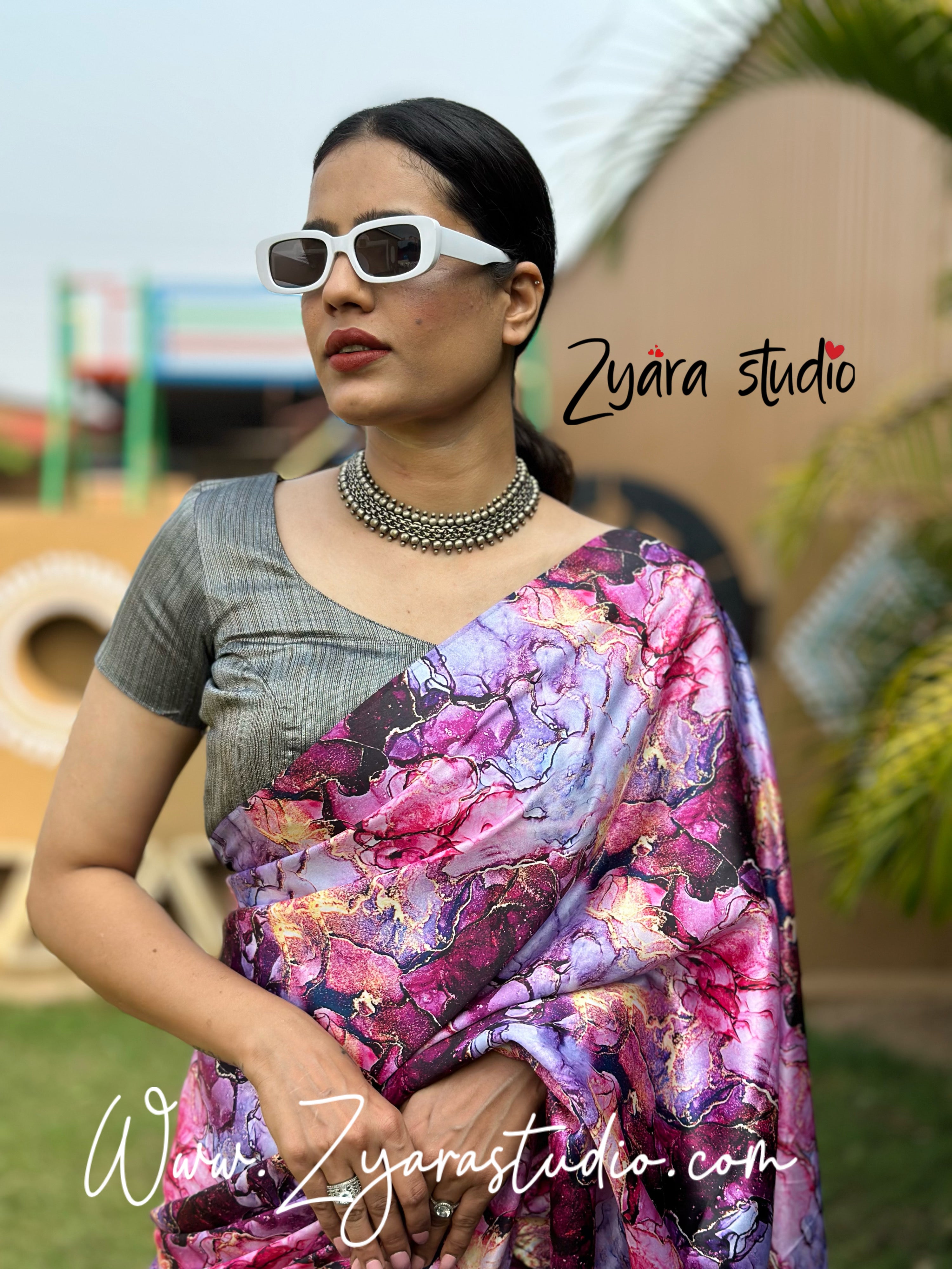 1-min ready to wear satin half-half digital print saree with unstitch blouse. Italian Wine