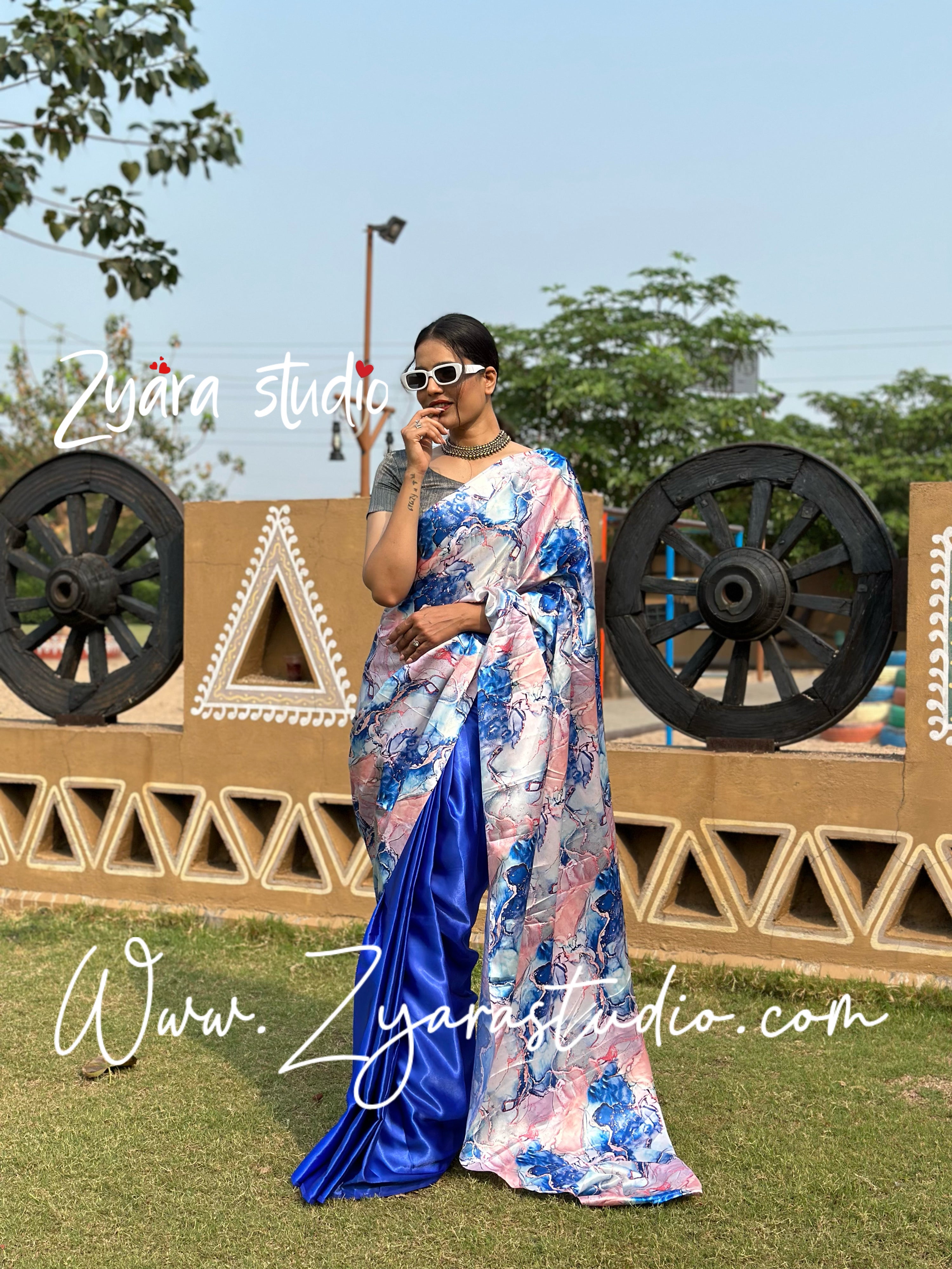 1-min ready to wear satin half-half digital print saree with unstitch blouse. Italian blue