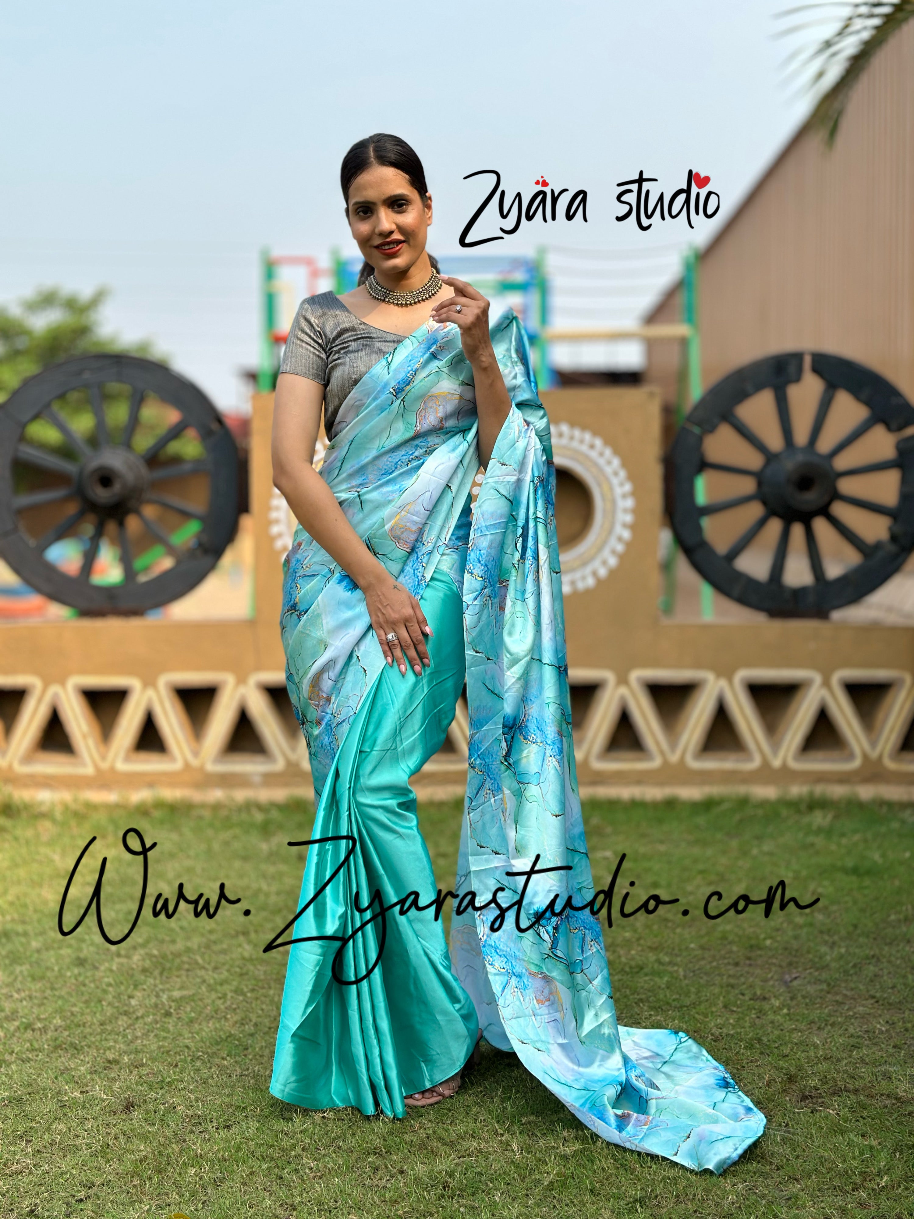 1-min ready to wear satin half-half digital print saree with unstitch blouse.