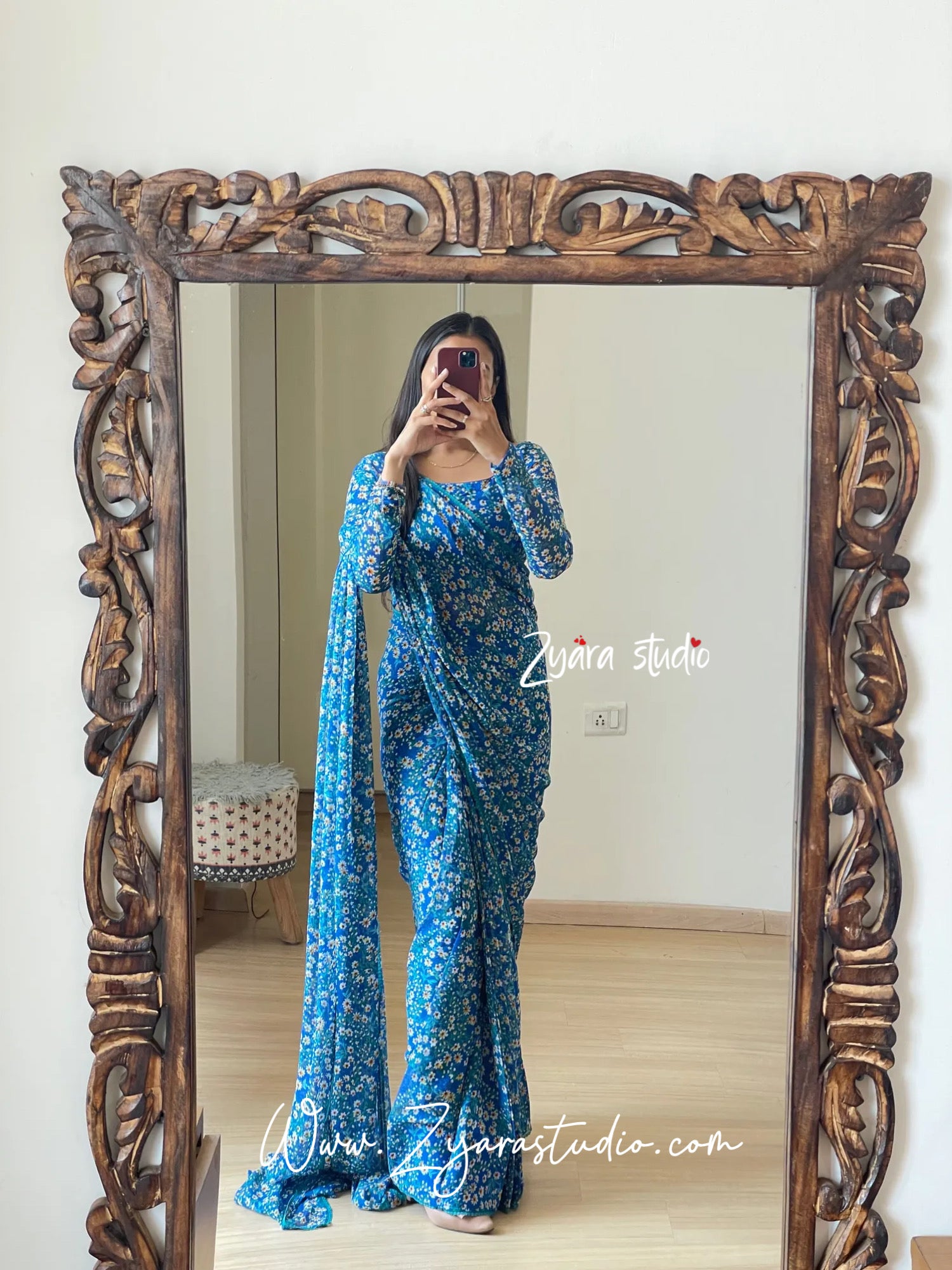 blue rose - 1 Min ready to wear fox georgette floral digital print saree with unstitch blouse. blue rose