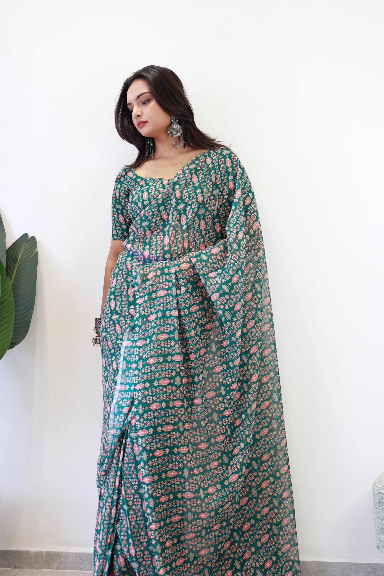 1 Minute Ready to Wear Mina Green Fox Georgette Digital Floral Saree