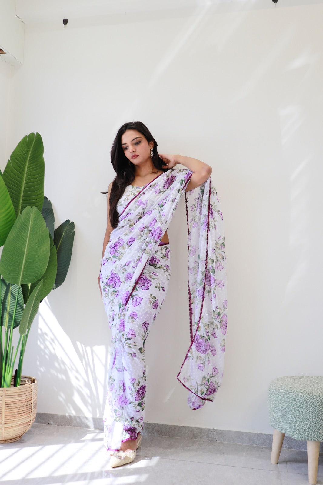 1-Min Ready to Wear 1000 Buti Floral Digital Print Saree with Unstitched Blouse - Purple Rose