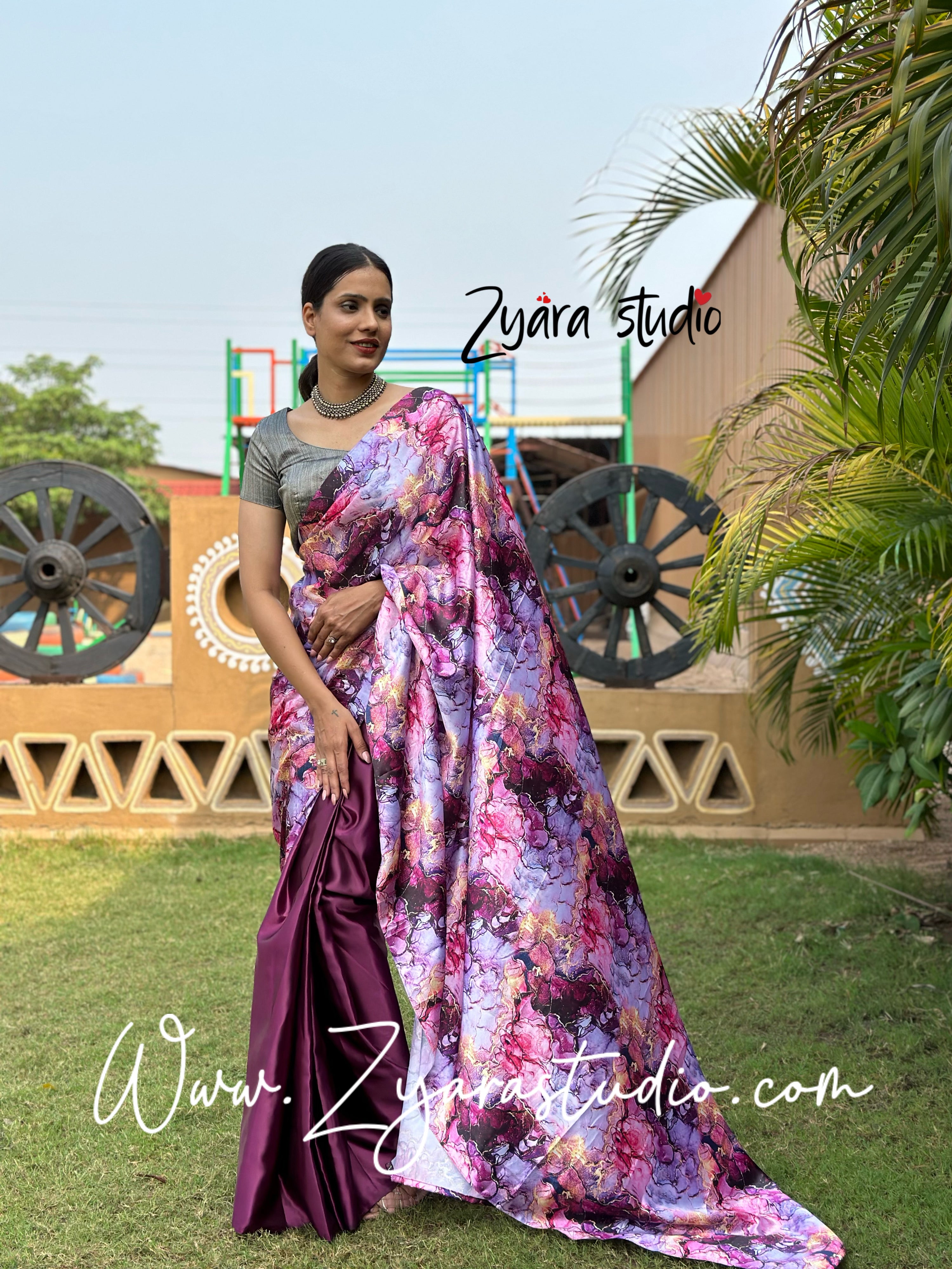 1-min ready to wear satin half-half digital print saree with unstitch blouse. Italian Wine