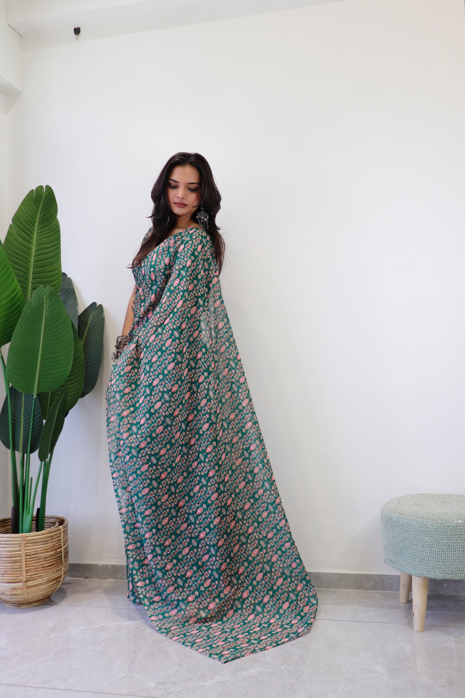 1 Minute Ready to Wear Mina Green Fox Georgette Digital Floral Saree