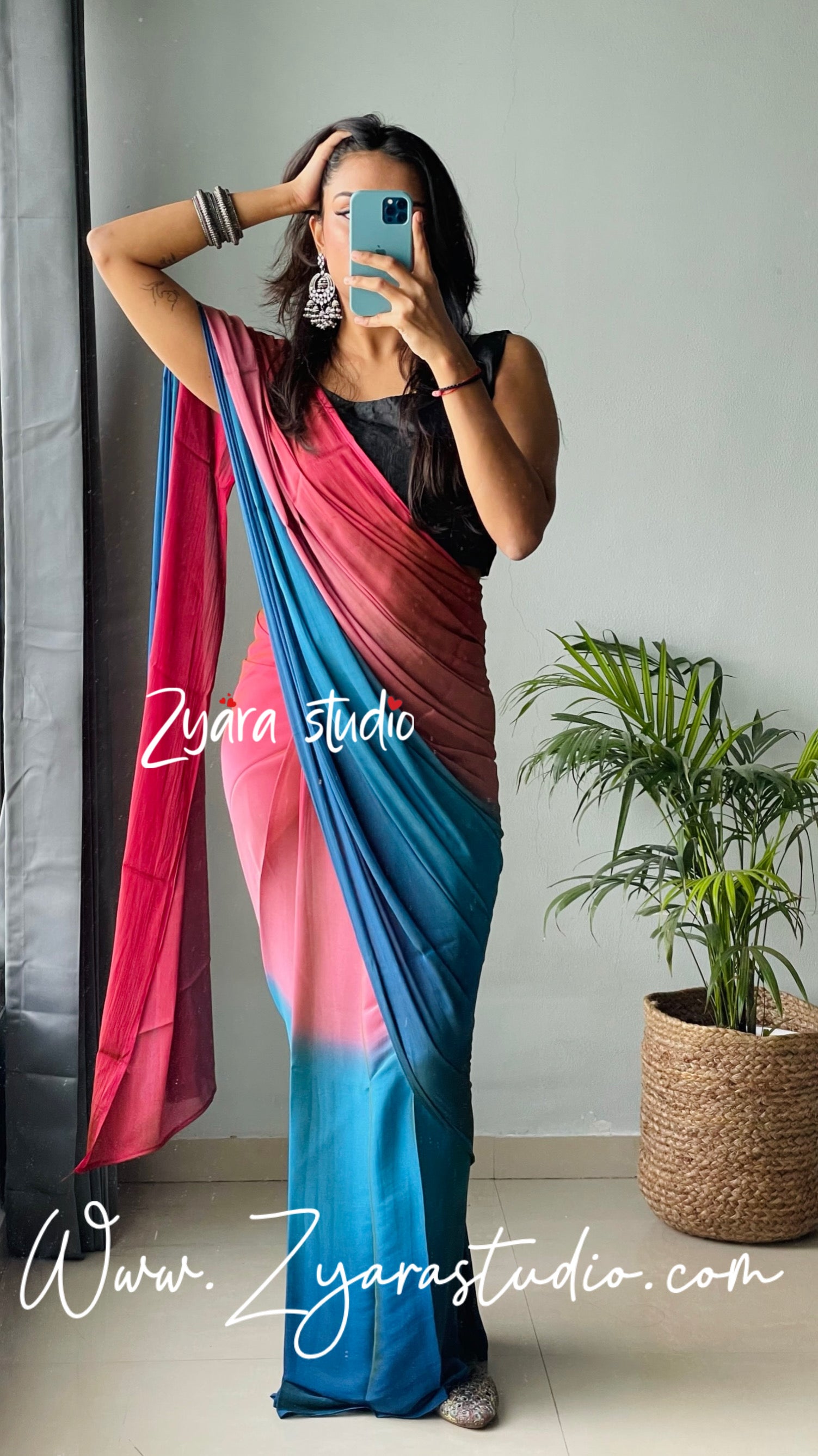 1-Min Ready to Wear Soft Nylon 3D Padding Saree with Unstitched Blouse - Peacock Pallavi