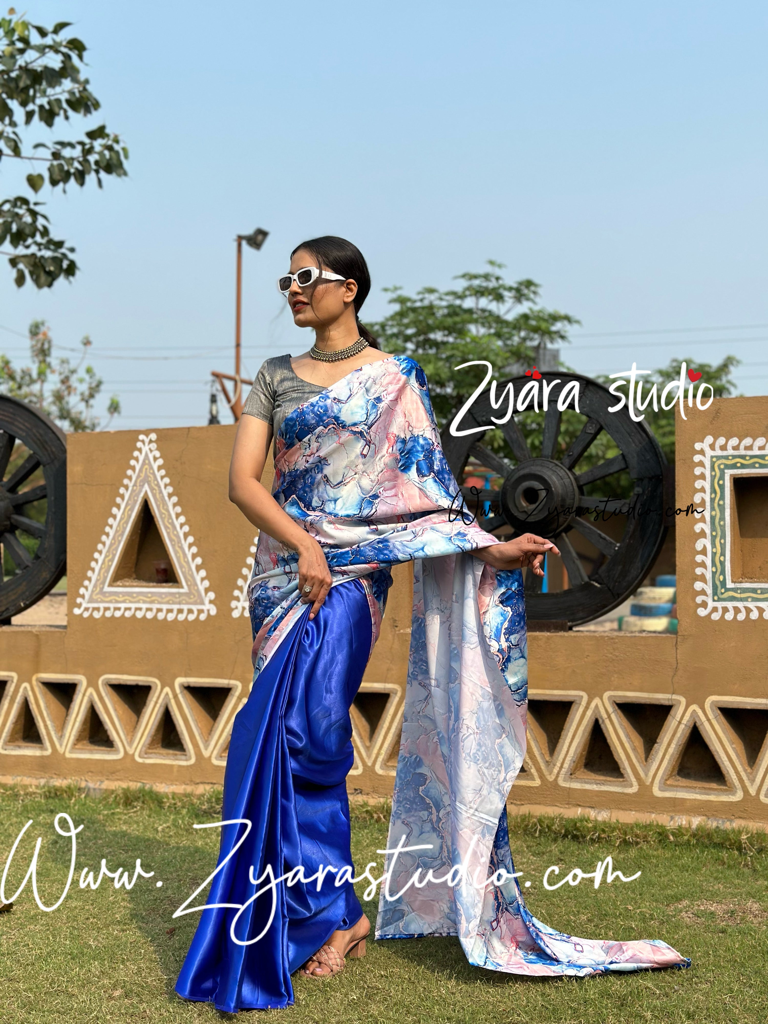 1-min ready to wear satin half-half digital print saree with unstitch blouse. Italian blue