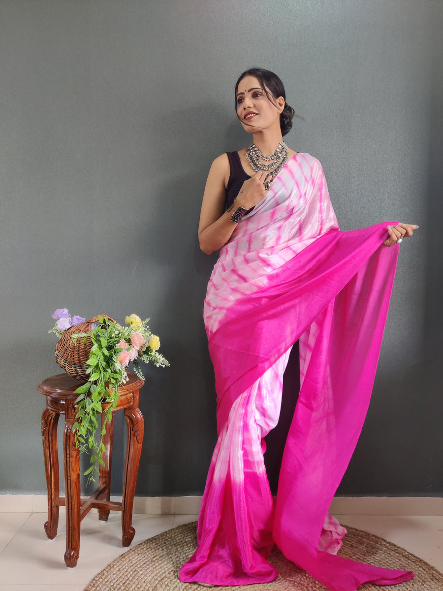 1 Min Ready To Wear Sibori Border Pink White Saree