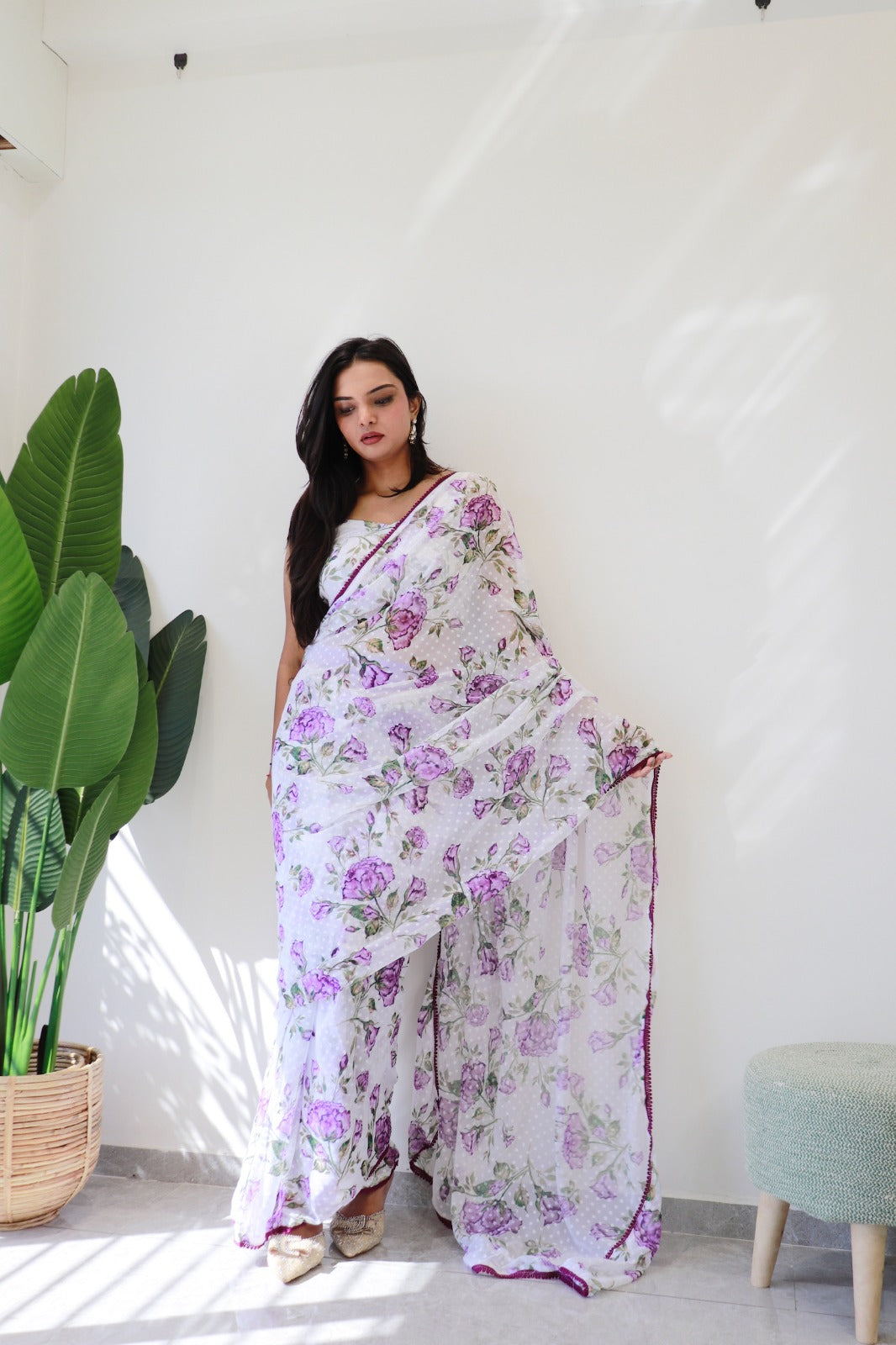 1-Min Ready to Wear 1000 Buti Floral Digital Print Saree with Unstitched Blouse - Purple Rose