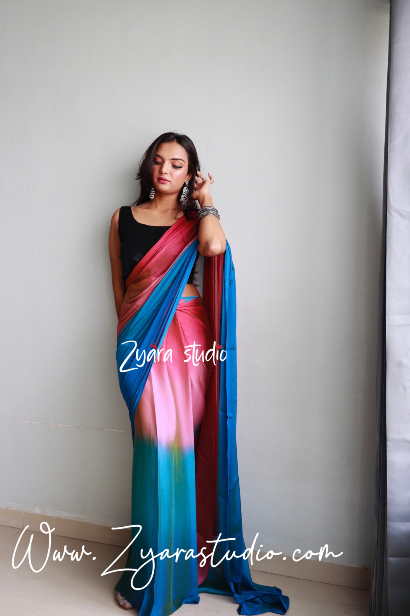 1-Min Ready to Wear Soft Nylon 3D Padding Saree with Unstitched Blouse - Peacock Pallavi