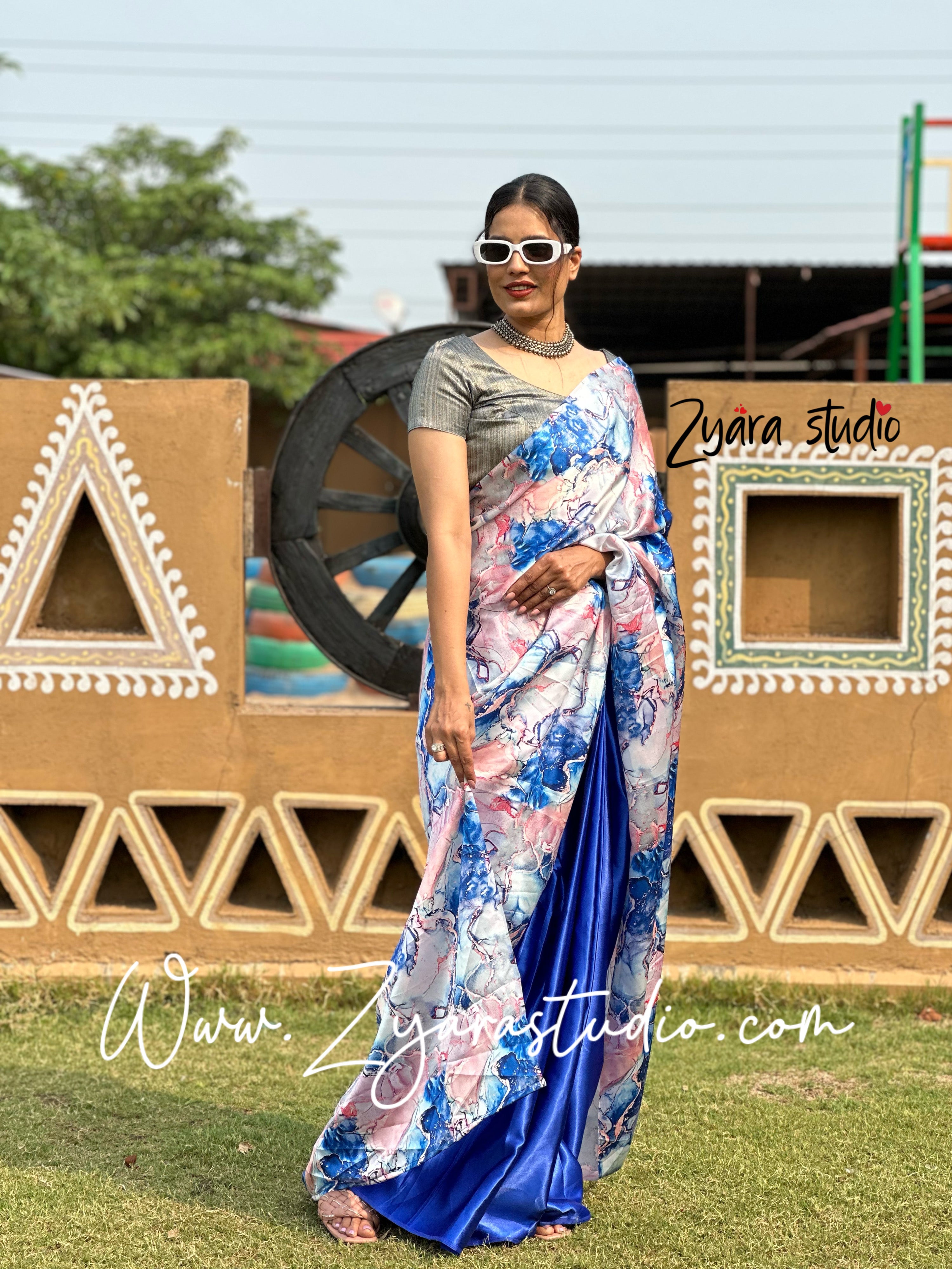 1-min ready to wear satin half-half digital print saree with unstitch blouse. Italian blue