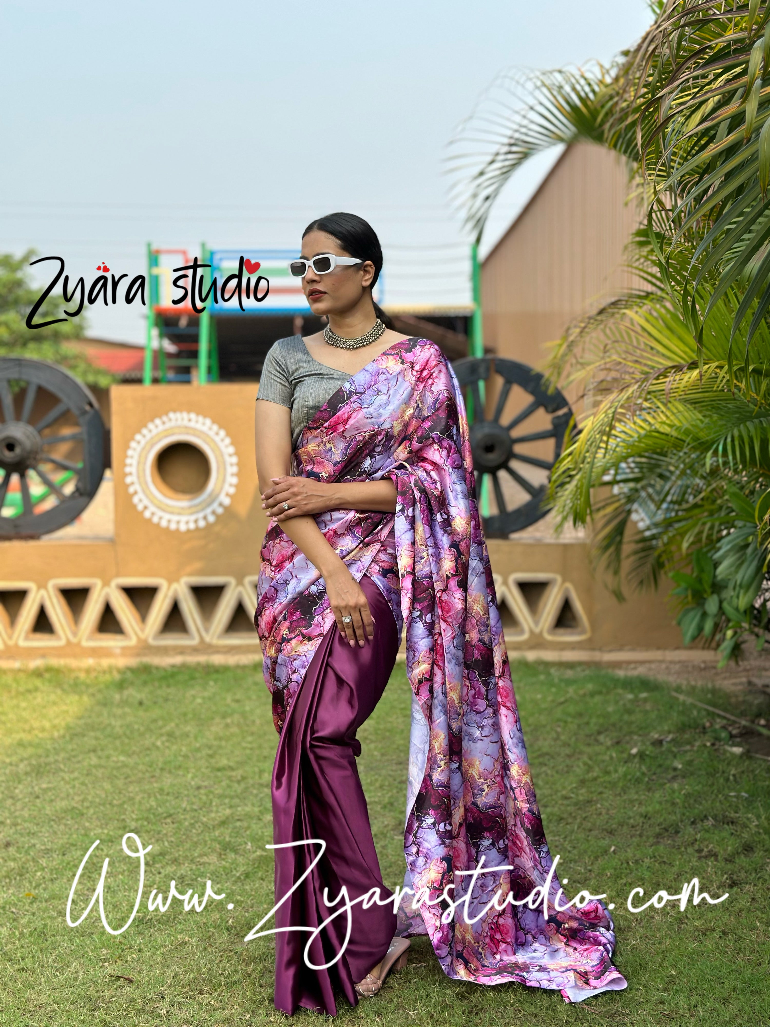 1-min ready to wear satin half-half digital print saree with unstitch blouse. Italian Wine