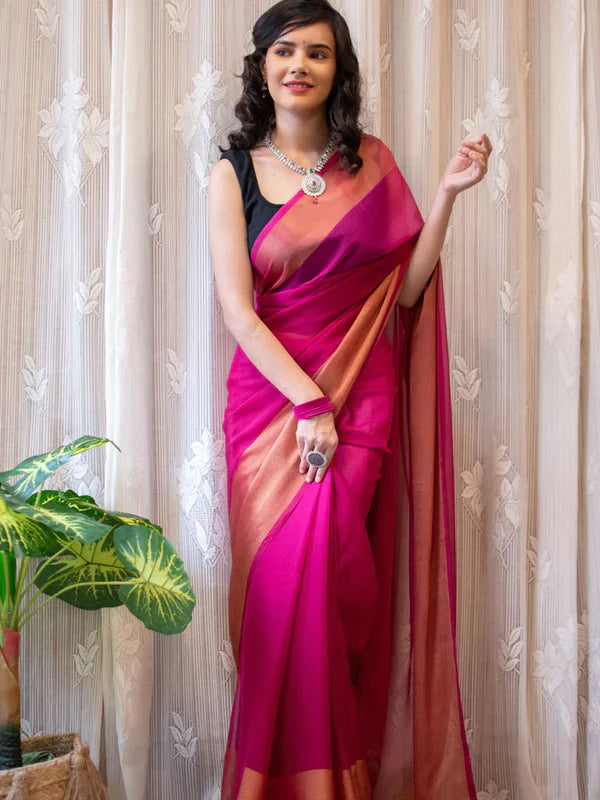 1-min ready to wear saree in premium chiffon silk 3d padding zari patta with unstitch blouse. 2075 PINK