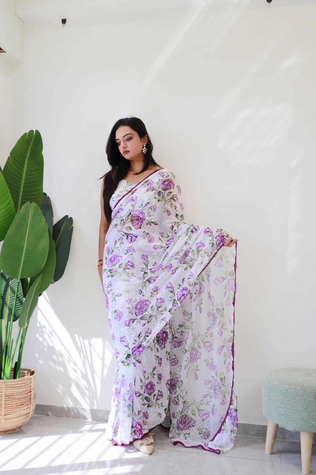 1-Min Ready to Wear 1000 Buti Floral Digital Print Saree with Unstitched Blouse - Purple Rose