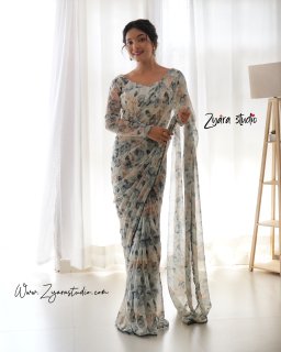 gray patti - 1 Min ready to wear fox georgette floral digital print saree with unstitch blouse. GRAY PATTI