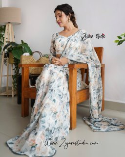 gray patti - 1 Min ready to wear fox georgette floral digital print saree with unstitch blouse. GRAY PATTI