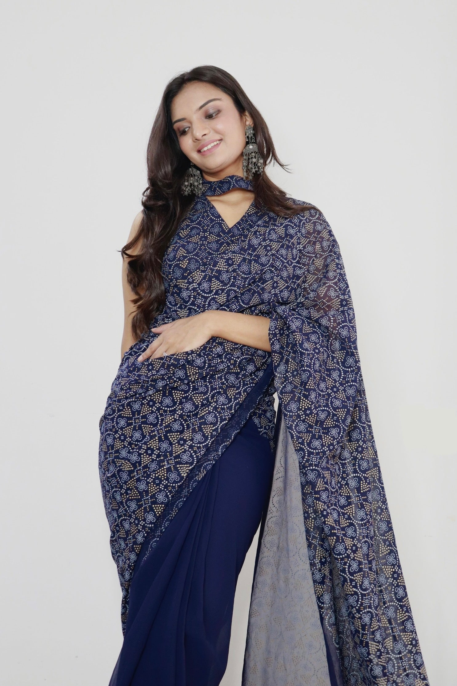 1-min ready to wear fox georgette bhandhani design saree with unstitch blouse.  DRASHTI BHANDHANI BLUE