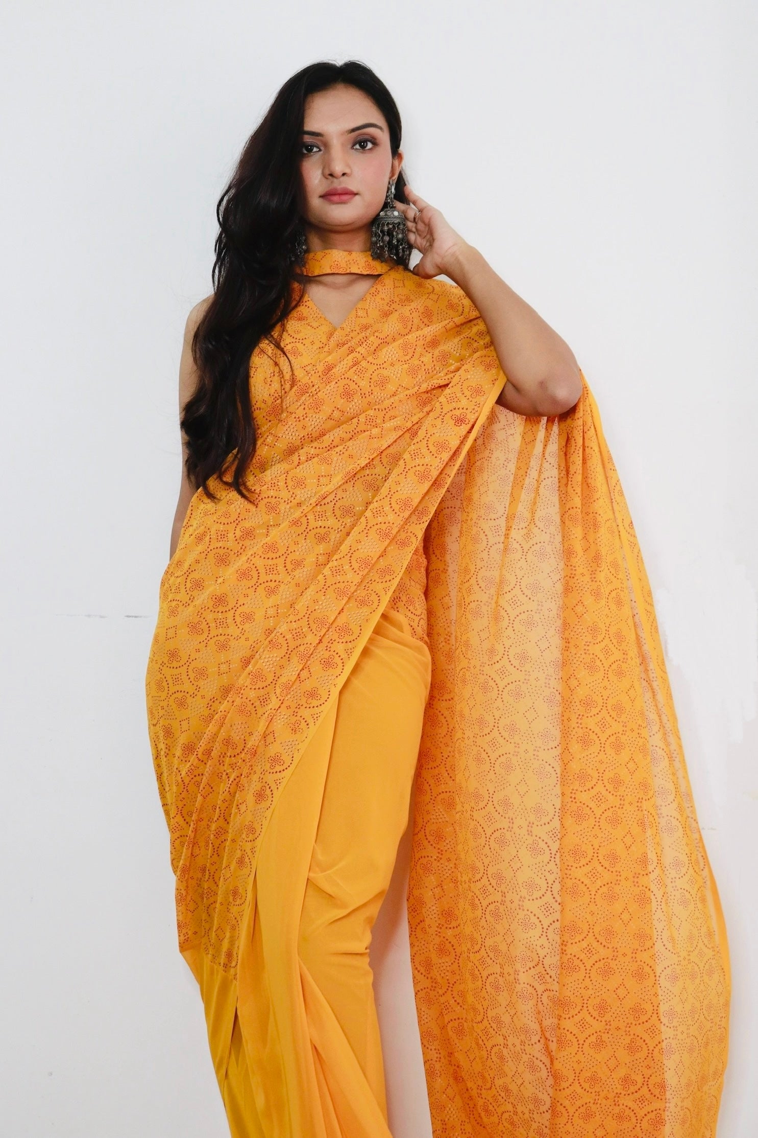 1-min ready to wear fox georgette bhandhani design saree with unstitch blouse. DRASHTI BHANDHANI YELLOW