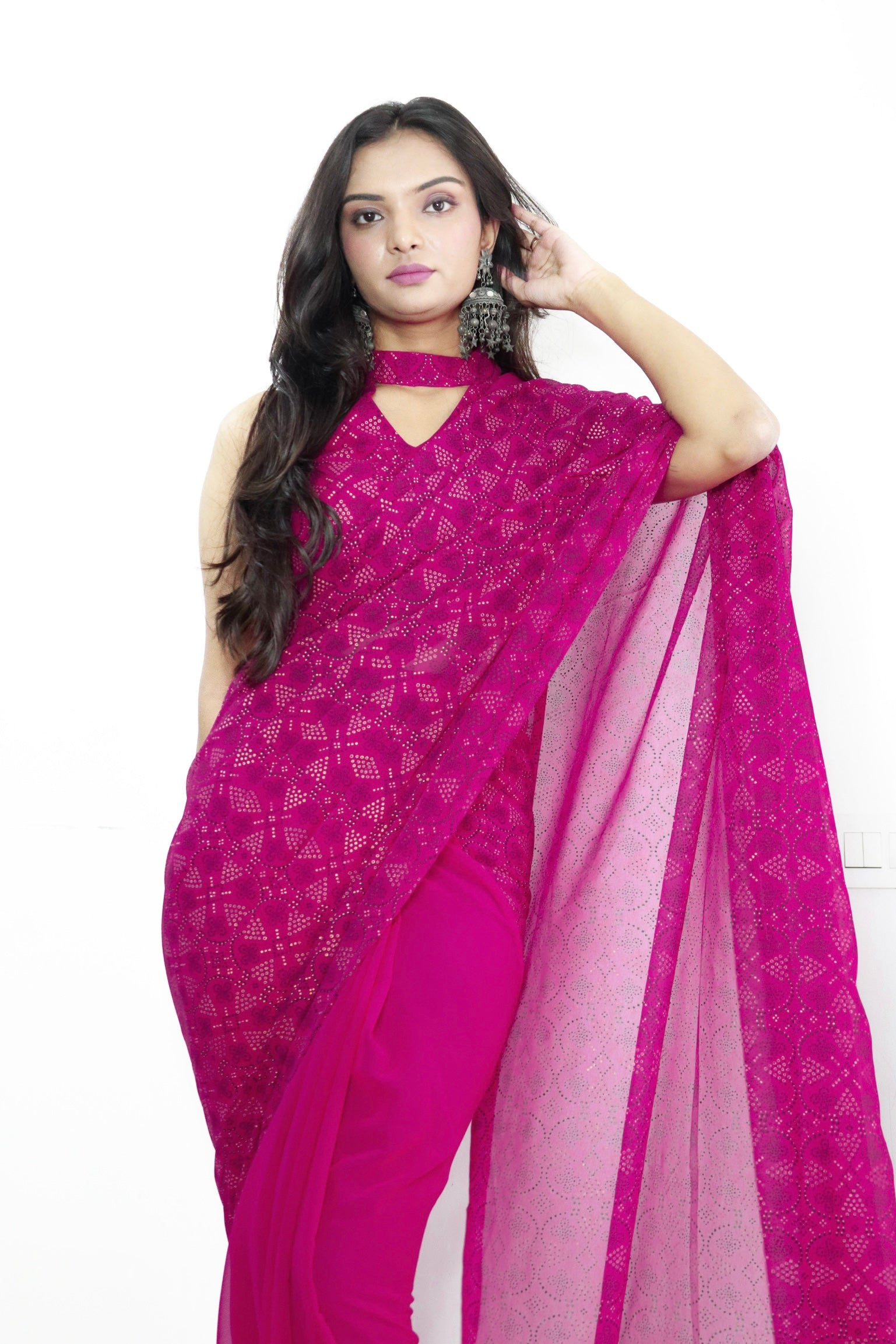 1-min ready to wear fox georgette bhandhani design saree with unstitch blouse. DRASHTI BHANDHANI PINK