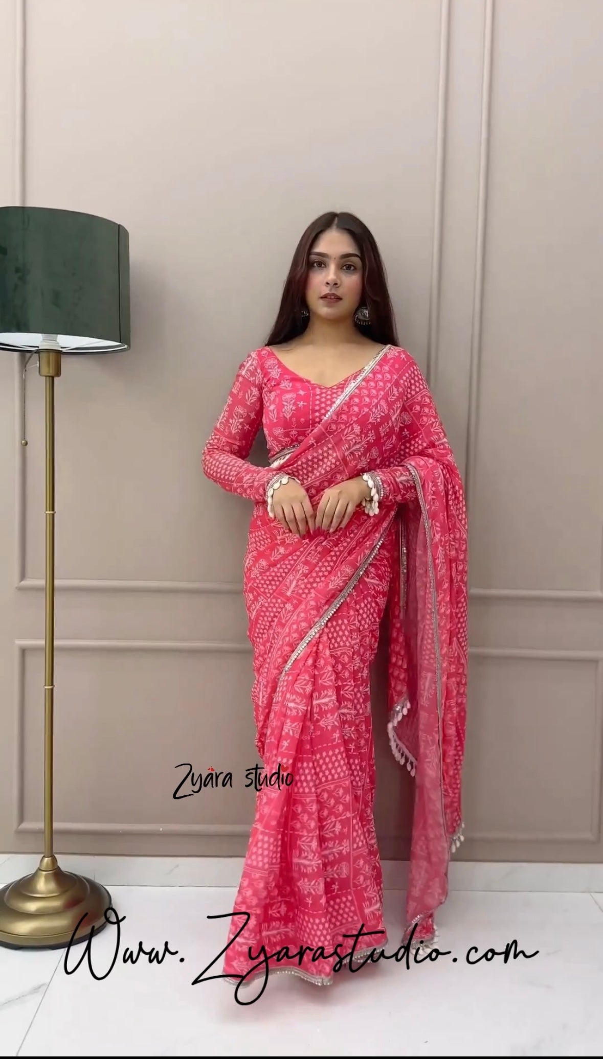 Afrin Pink - 1 min ready to wear fox georgette digital print saree with unstitch blouse. Afrin Pink