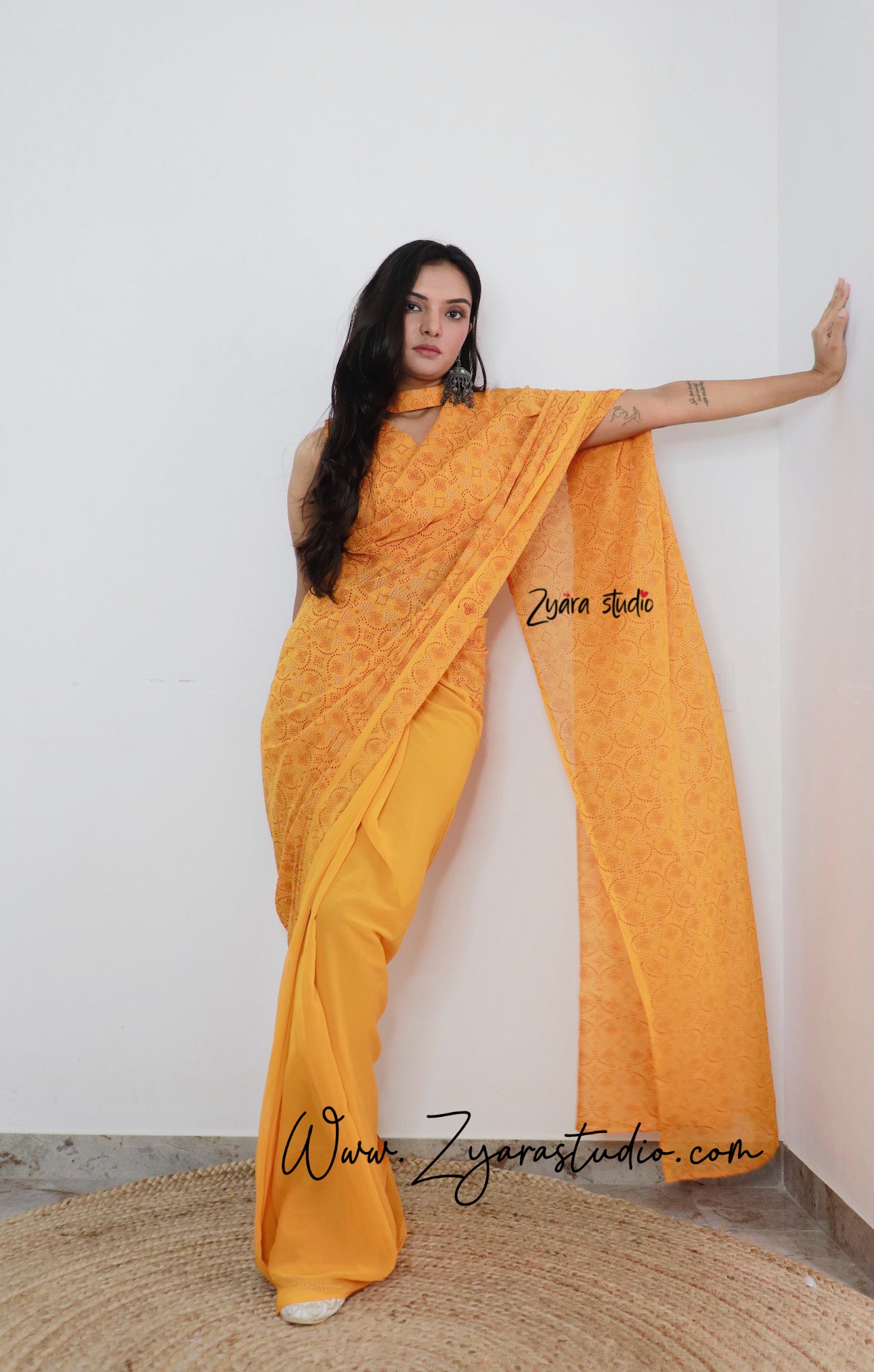 1-min ready to wear fox georgette bhandhani design saree with unstitch blouse. DRASHTI BHANDHANI YELLOW