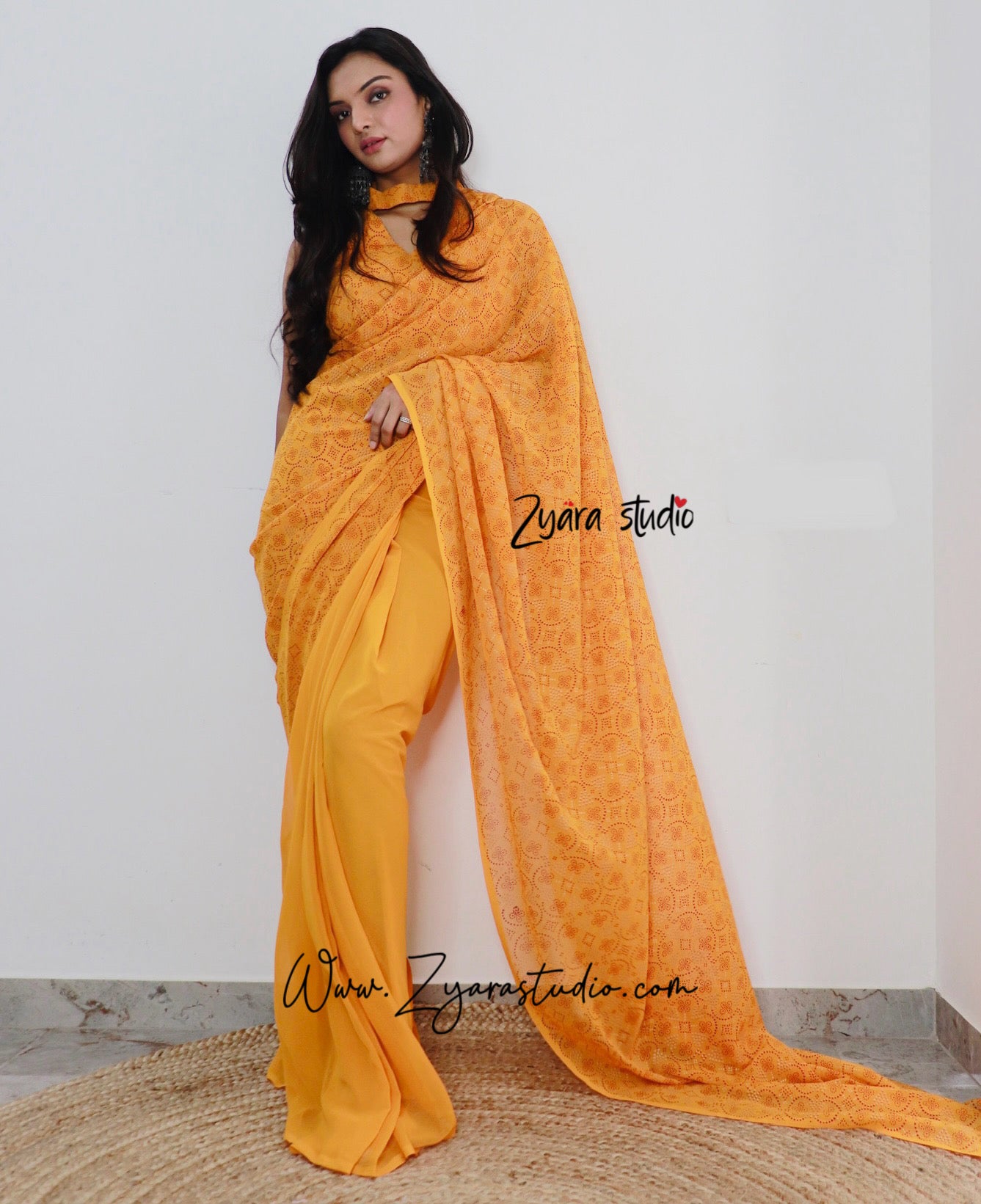 1-min ready to wear fox georgette bhandhani design saree with unstitch blouse. DRASHTI BHANDHANI YELLOW