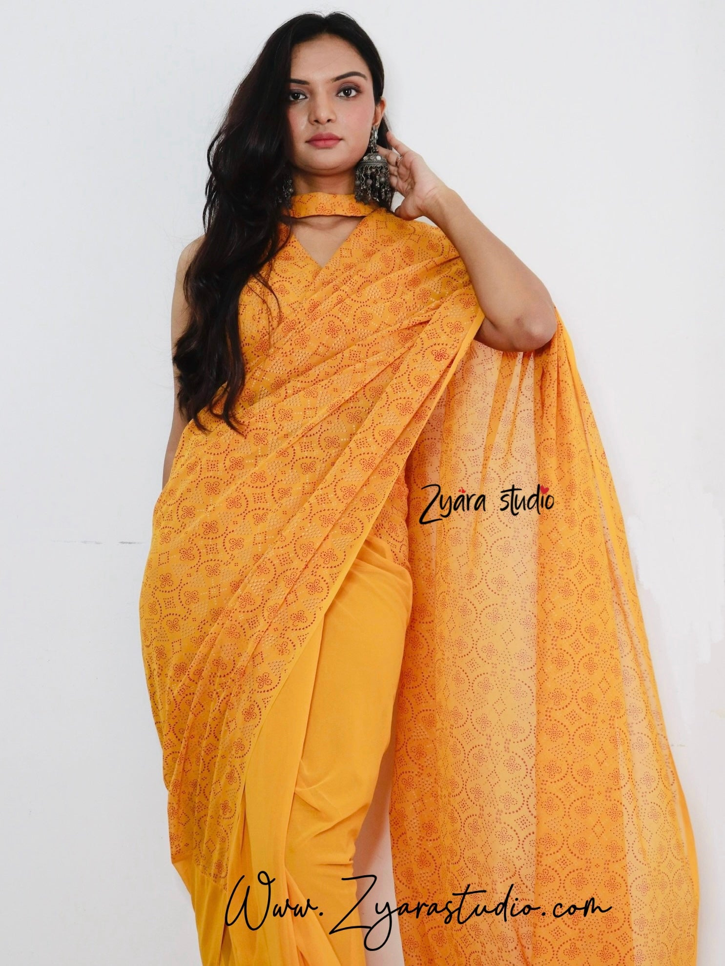 1-min ready to wear fox georgette bhandhani design saree with unstitch blouse. DRASHTI BHANDHANI YELLOW